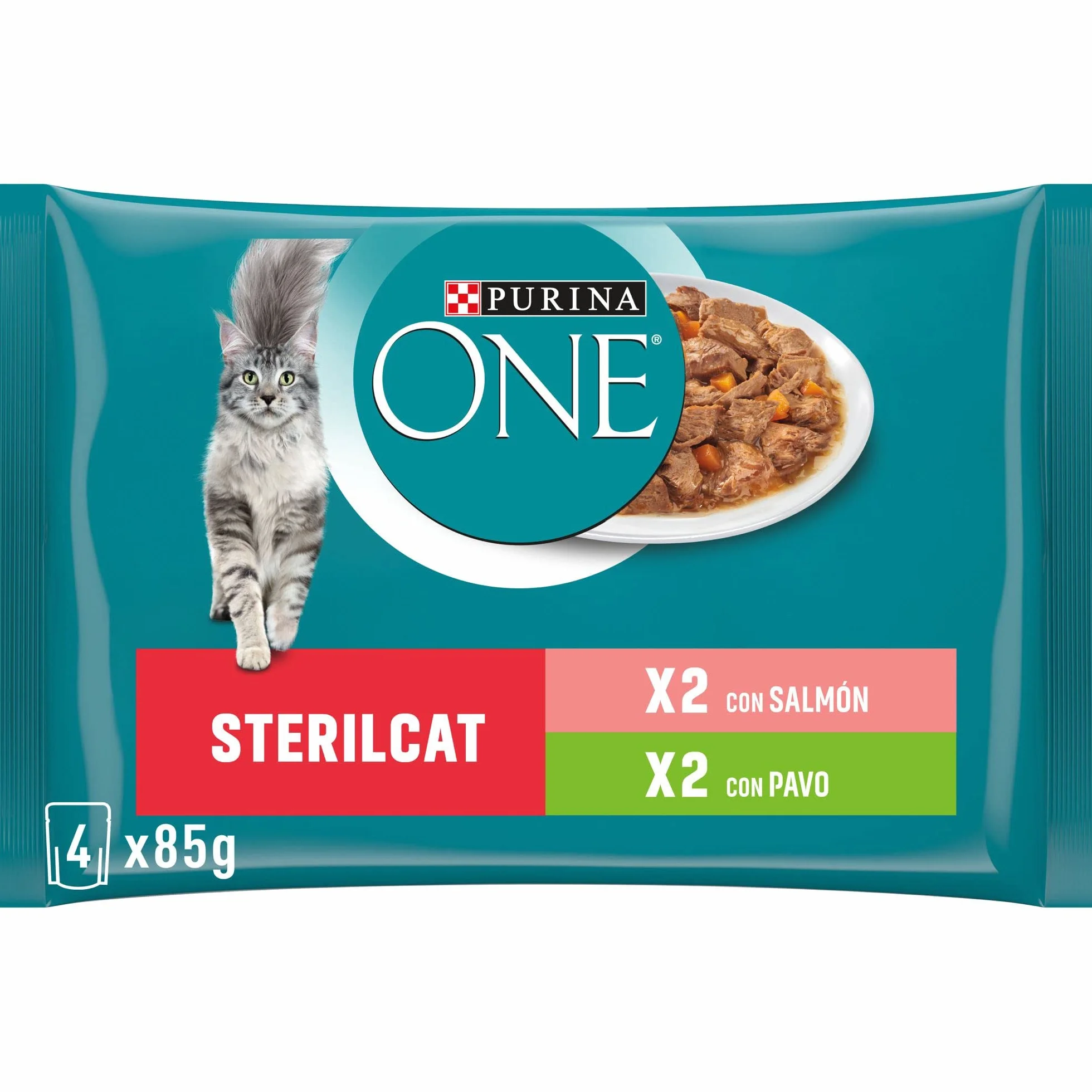 PURINA ONE Sterilcat, Comida Húmeda para Gato Esterilizado Adulto, Trocitos en Salsa, Surtido de Salmón y Pavo, 12 Packs de 4 Sobres de 85 g. (48 sobres)