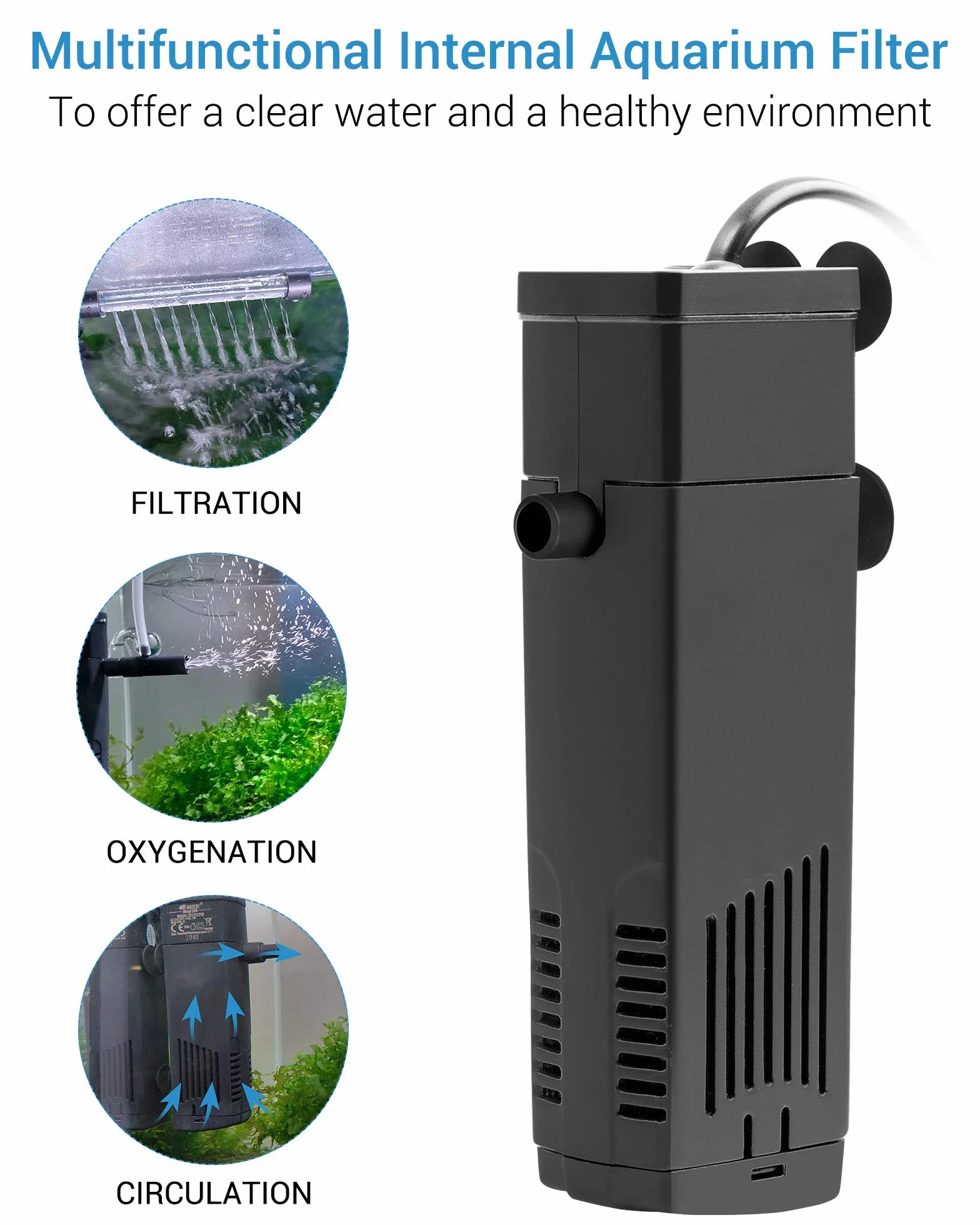 NICREW Filtro para Acuario 20 L, Filtro Acuario Interno con Carbón Activado de Flujo 150 L/H, Filtros Internos para Acuarios, 3.5 W