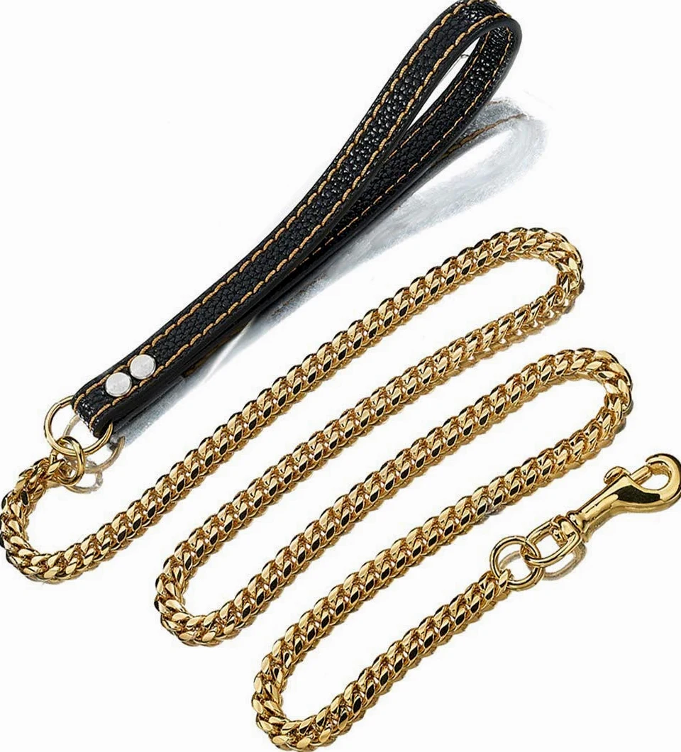 Correa de Perro para Mascota, Resistente, Larga, 61 cm, 91 cm, 122 cm, Metal de Oro de 18 Quilates, Cadena Cubana de 12 mm, con cómodo Mango de Piel auténtica