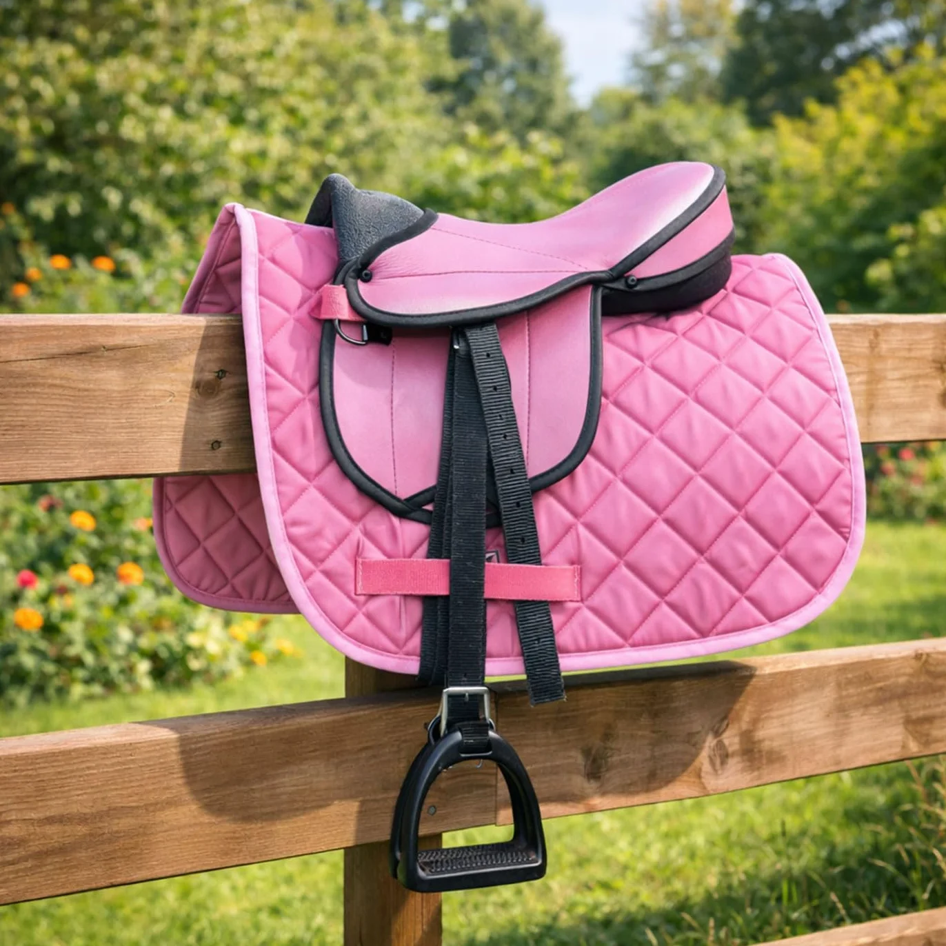 Brama West Juego de silla para shetty infantil "My Little Pony" | Silla para shetty, caballo de madera, caballo de peluche | con funda de silla, cinturón de silla, estribos y correa de estribo - Rosa