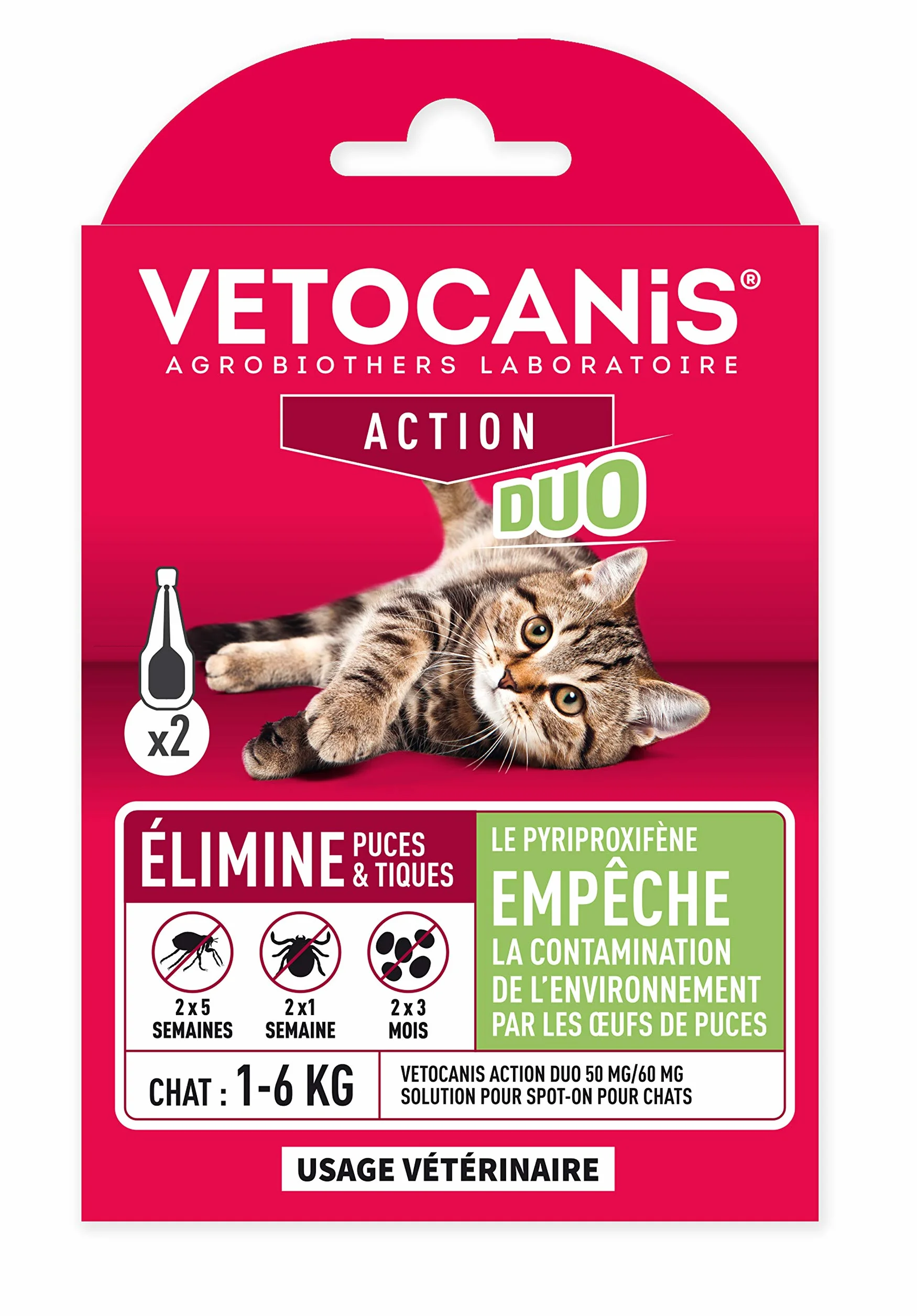 Vetocanis - Pipeta antipulgas antigarrapatas Gato - Tratamiento y protección contra plagas Gato 1-6 kg y hábitat - Caja de 2 pipetas