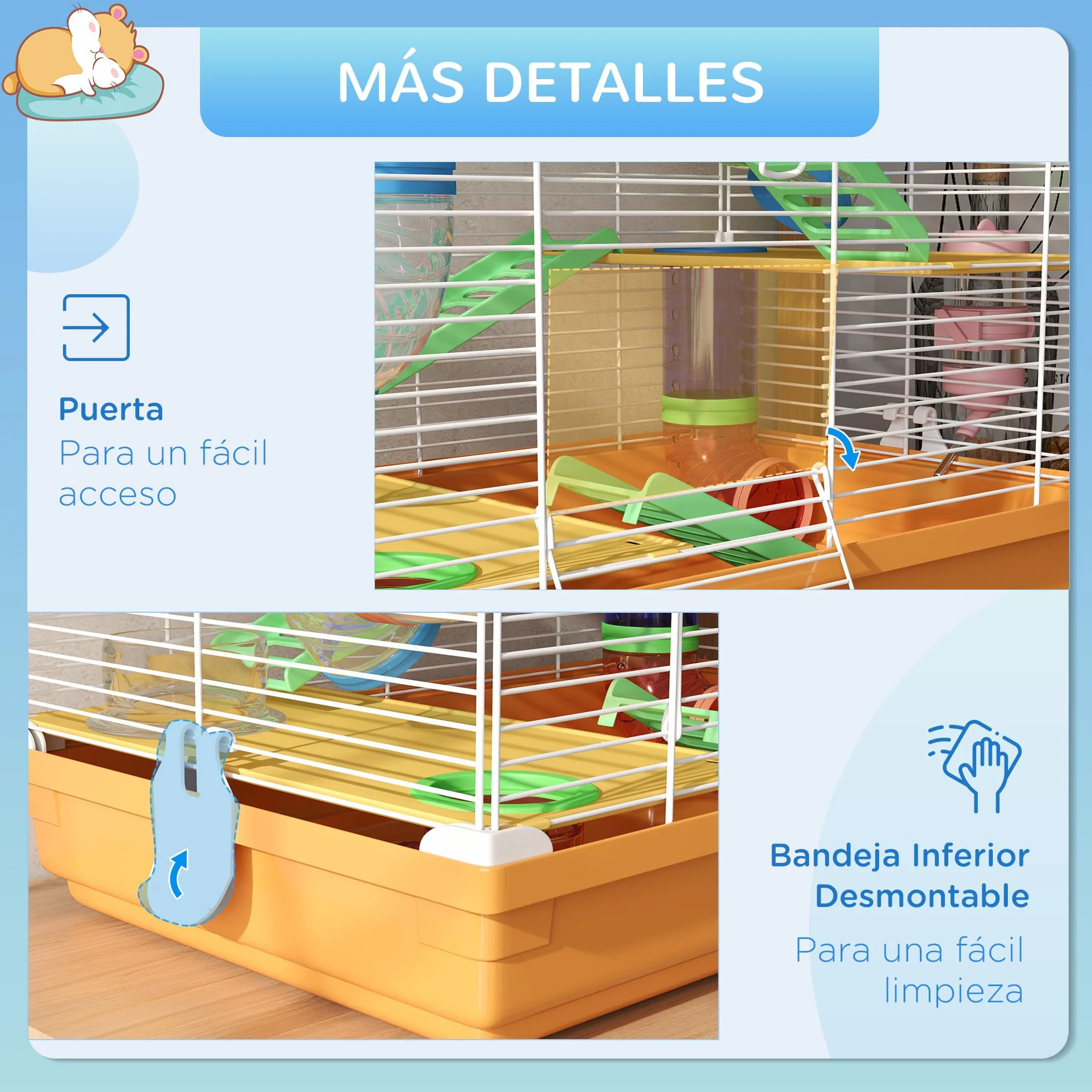 PawHut Jaula para Hámster de 5 Niveles, Casa para Roedores Pequeños con Túnel, Plataformas, Cuenco, Bebedero, Casita, Rampas y Rueda de Ejercicio, para Jerbos, 46x30x58 cm, Naranja