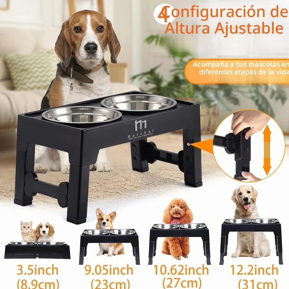 Marchul Comedero Perro Elevado de 4 Alturas Ajustables, 2 X 1200ml Comedero y Bebedero Perro, Cuencos Elevados para Perros Pequeños, Medianos y Grandes, Plegable y Antideslizante