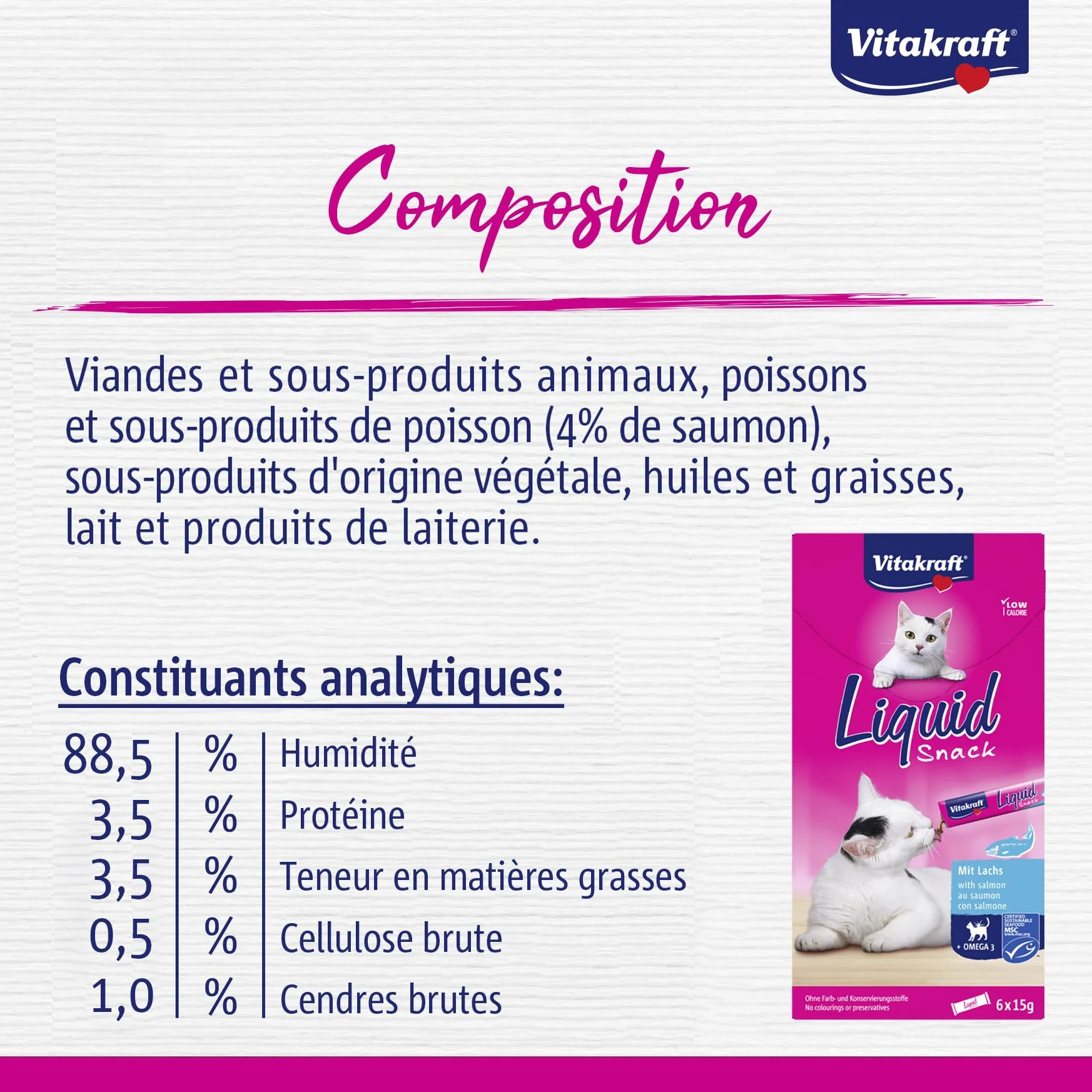 Vitakraft Liquid Snack Cremoso para Gatos con Salmón y Omega 3, Bolsitas Individuales, 6x15g