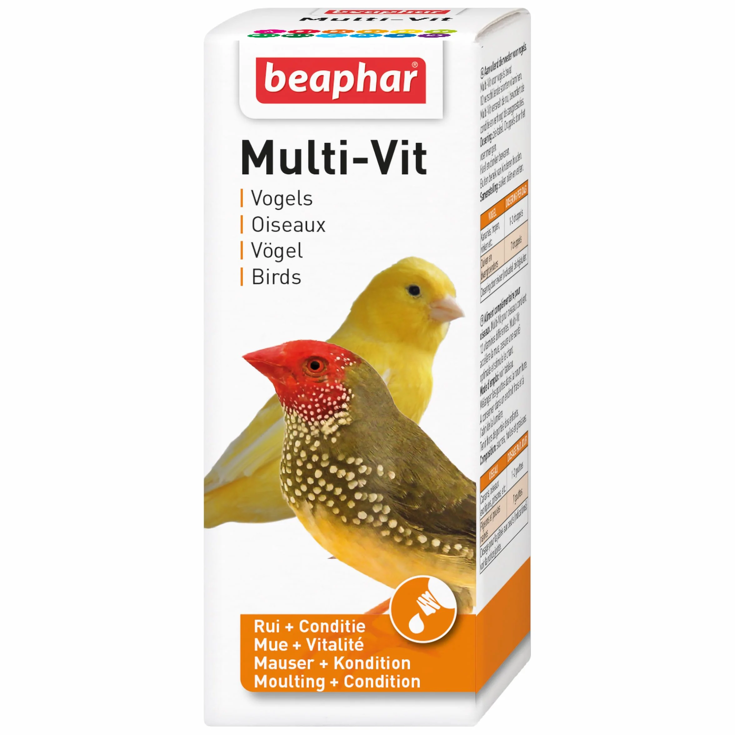 Beaphar - Multi-Vit, vitaminas para pájaros - Contiene 11 vitaminas - Garantiza una Salud óptima - Estimula el Canto - Acelera la muda - Hace Que el Plumaje Sea Saludable y Brillante - 50 ml