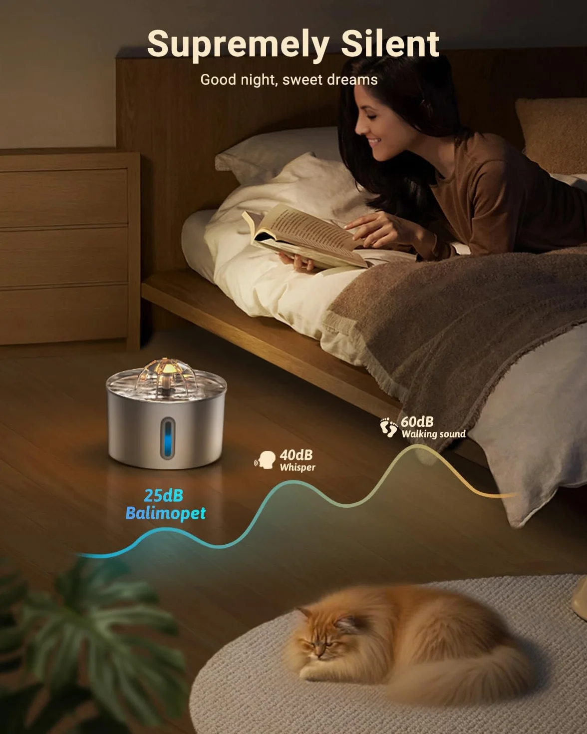 Fuente para Gatos Acero Inoxidable, 2,2L Bebedero Gatos con Cable Filtración Cuádruple, Ultra Silencioso, Fácil de Limpiar, con LED 3 Filtros y 3 Esponjas