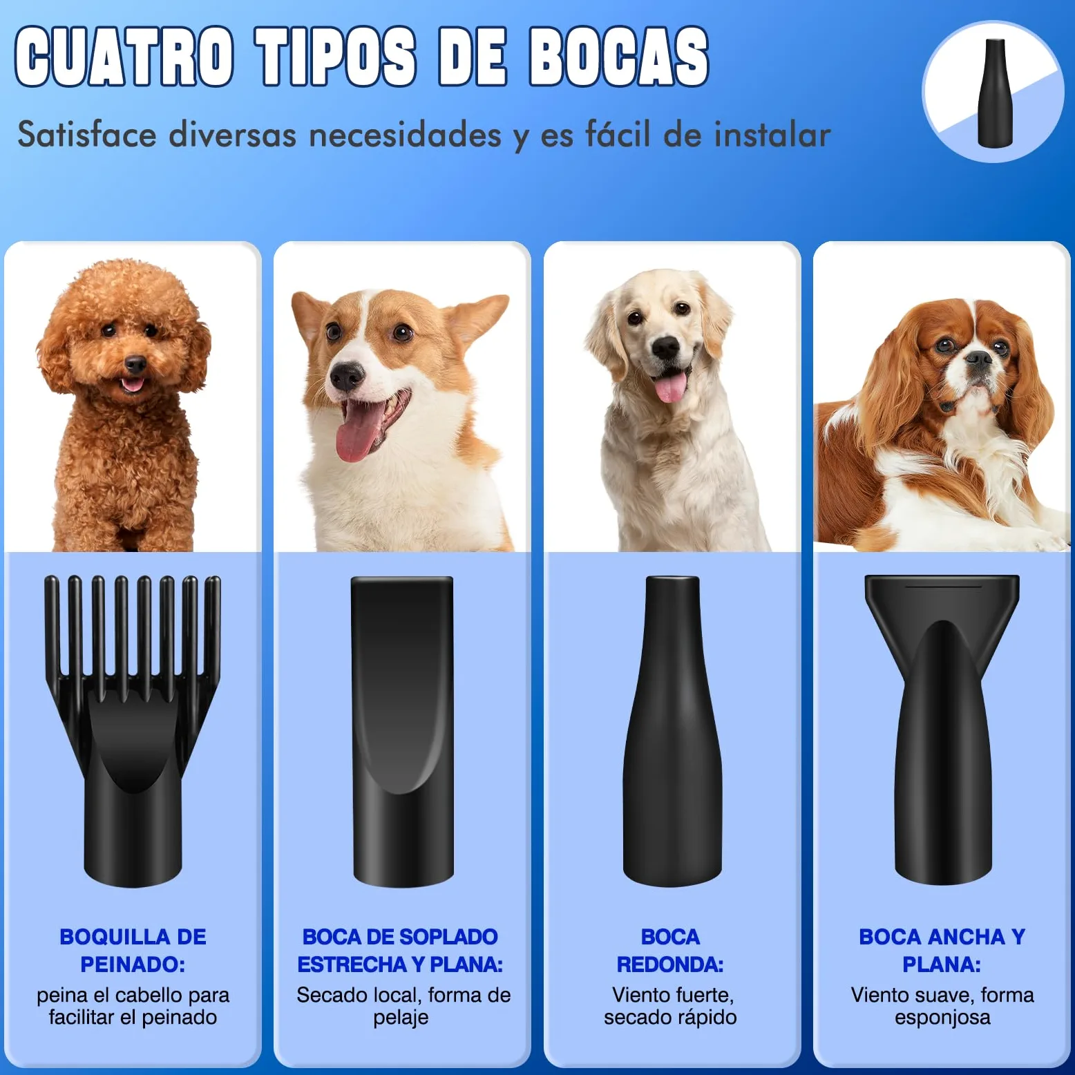2800W Secador de pelo para mascotasSecador de pelo de bajo nivel de ruido, velocidad continua, temperatura ajustable, 2,5 m de manguera flexible con 4 boquillas