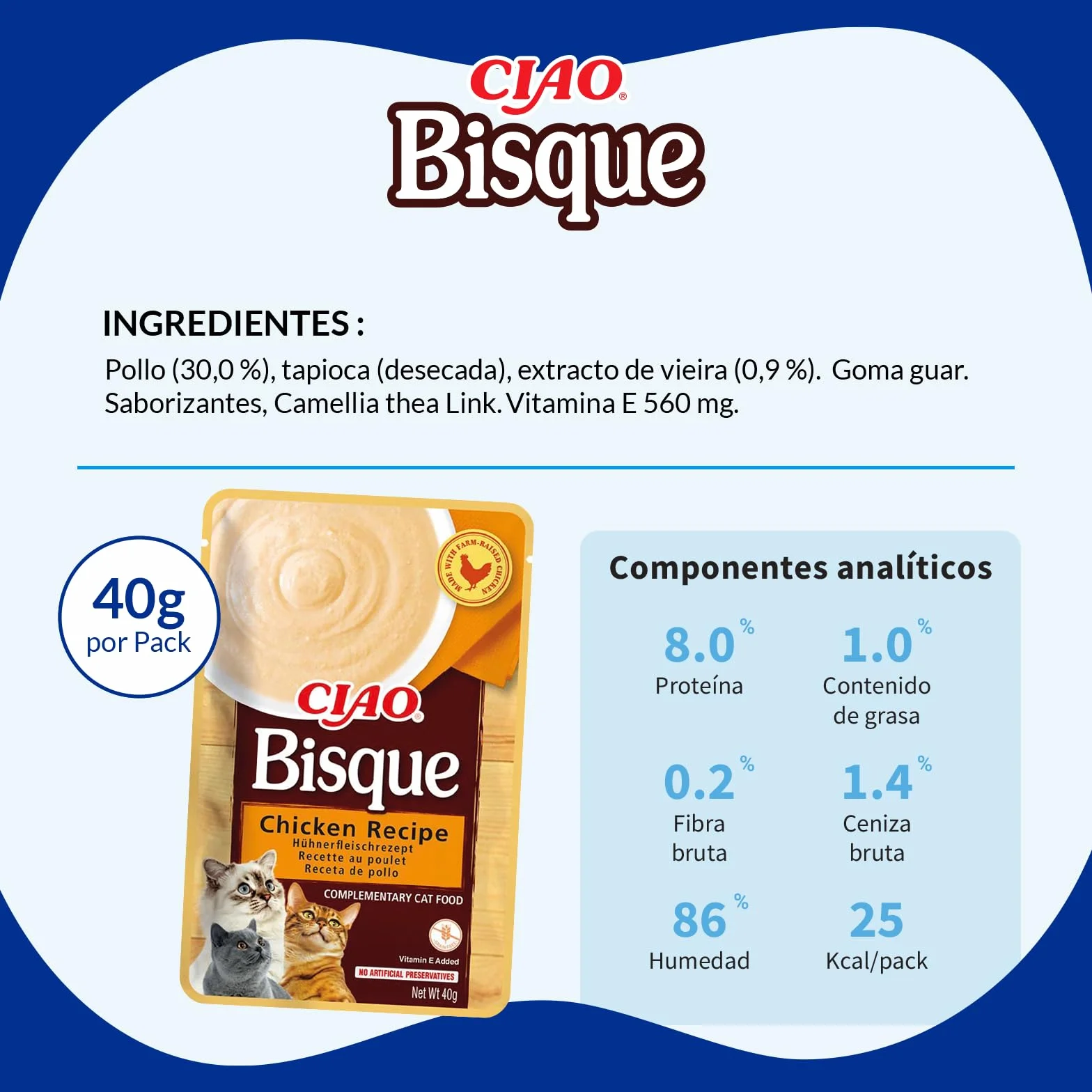 INABA Churu Gatos -Snacks de Puré - Receta de Pollo - Premios Cremosos Saludables - Sin Cereales, Conservantes, Colorantes - Sólo 16 Calorías - 480G(12x40g)