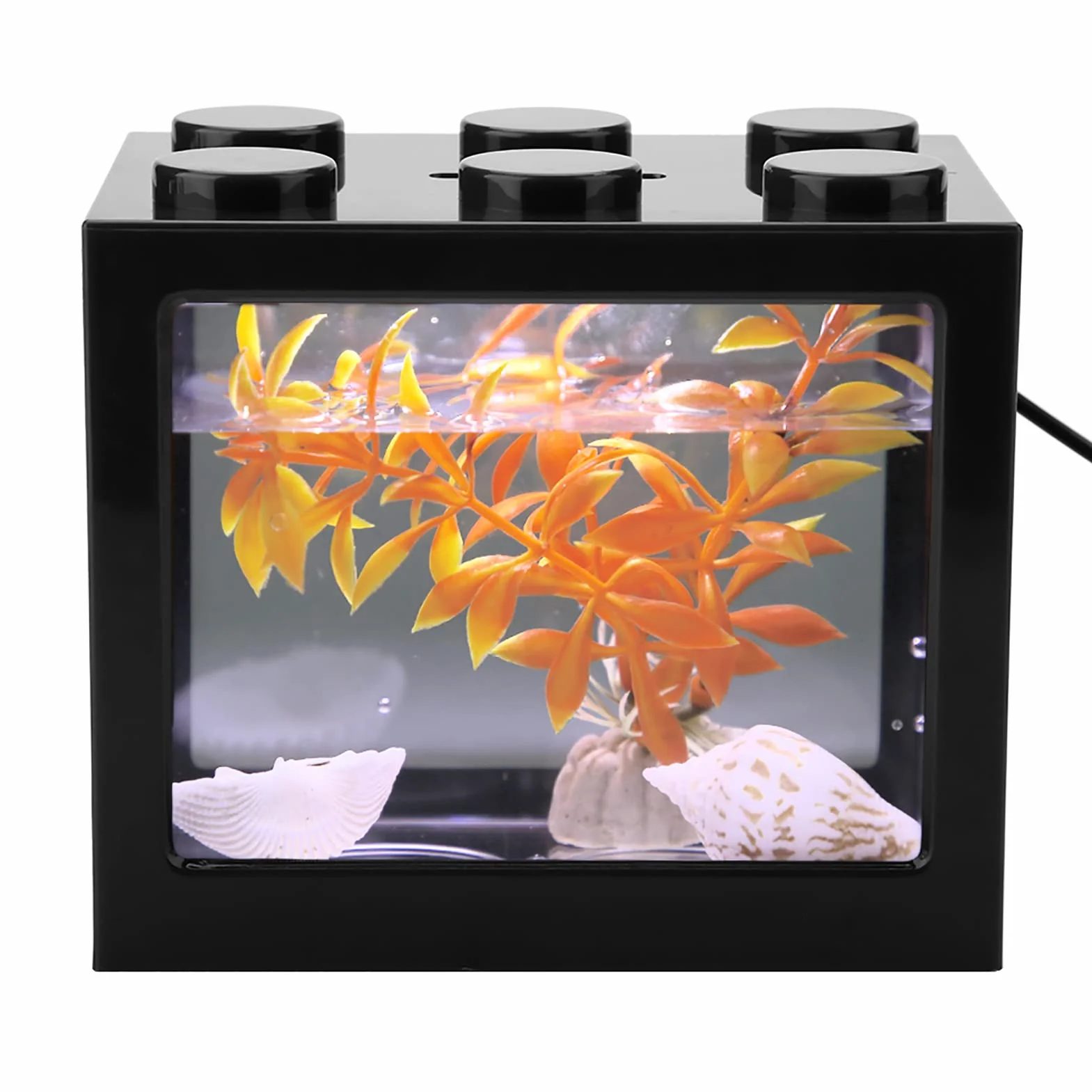 Qcwwy Mini Pecera Acrílica, Kits de Iniciación para Acuarios Mini Pecera Acuario Cubo Apilable Tanque Escritorio Mini Acuario Tanque Tazón con Luz LED USB(Negro)