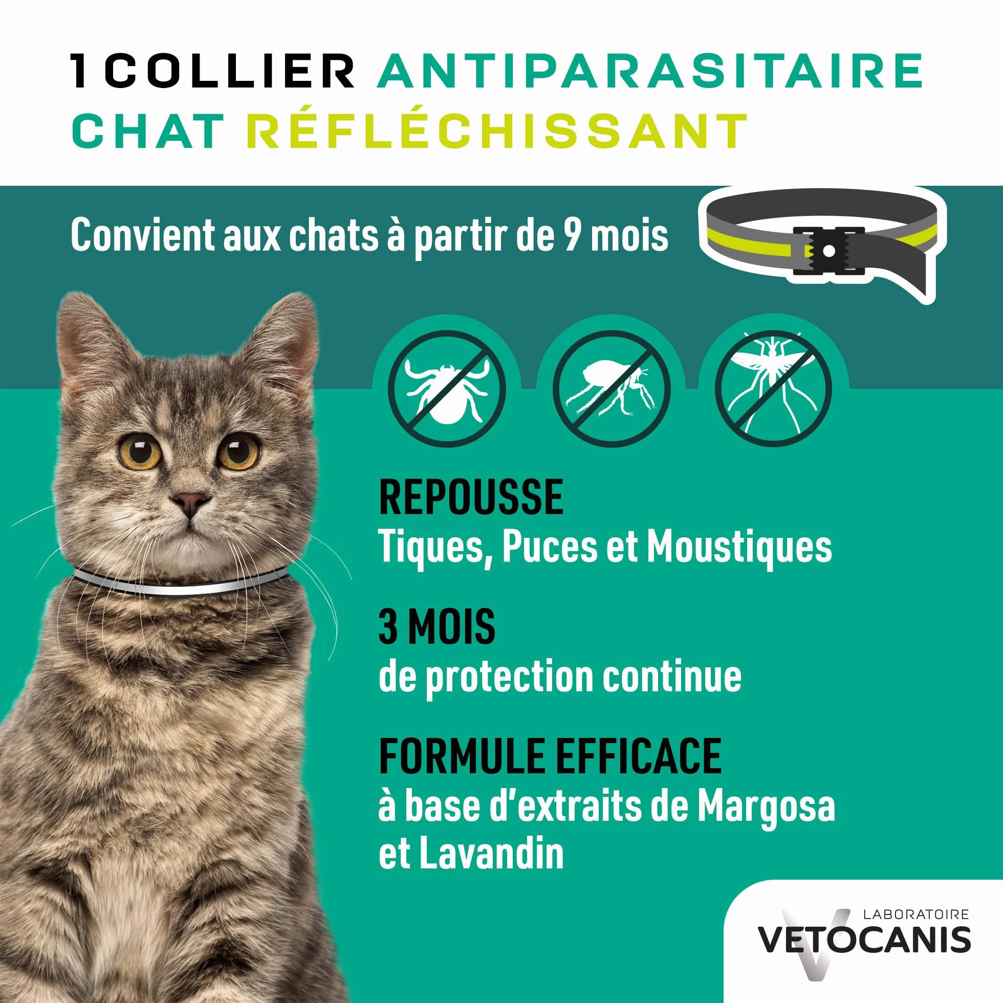 Vetocanis | Collar Antiparasitario Gatos | Protección y Tratamiento Antiparasitario Gatos | Eficaz 3 Meses | Para Gatos de + de 9 Meses | Banda Reflectante | Formulado bajo Control Veterinario