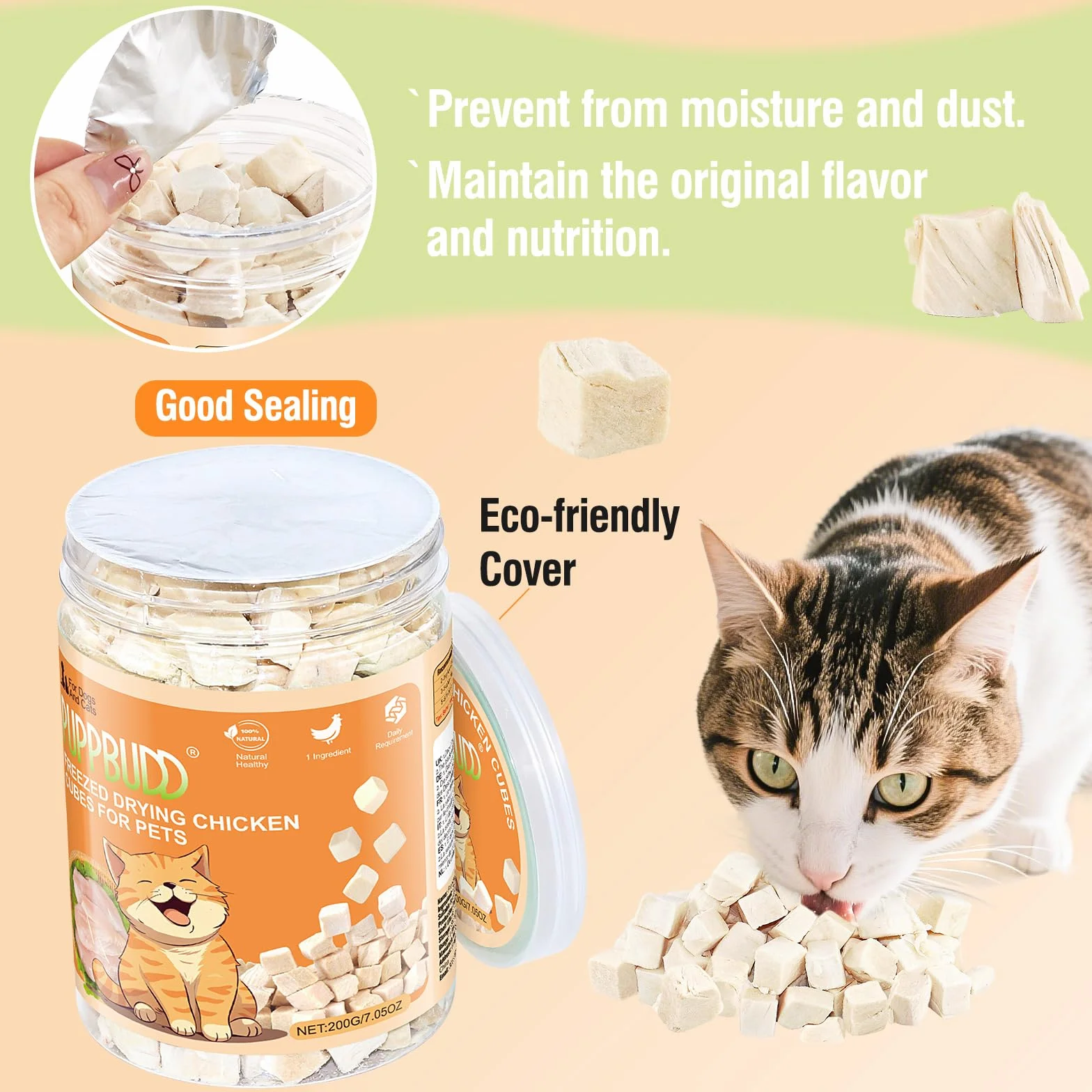 Snack Liofilizado de Pollo para Gato de Interior, Crujientes Snack para Gatos Perros, Golosinas para Gatos Icas en Proteínas
