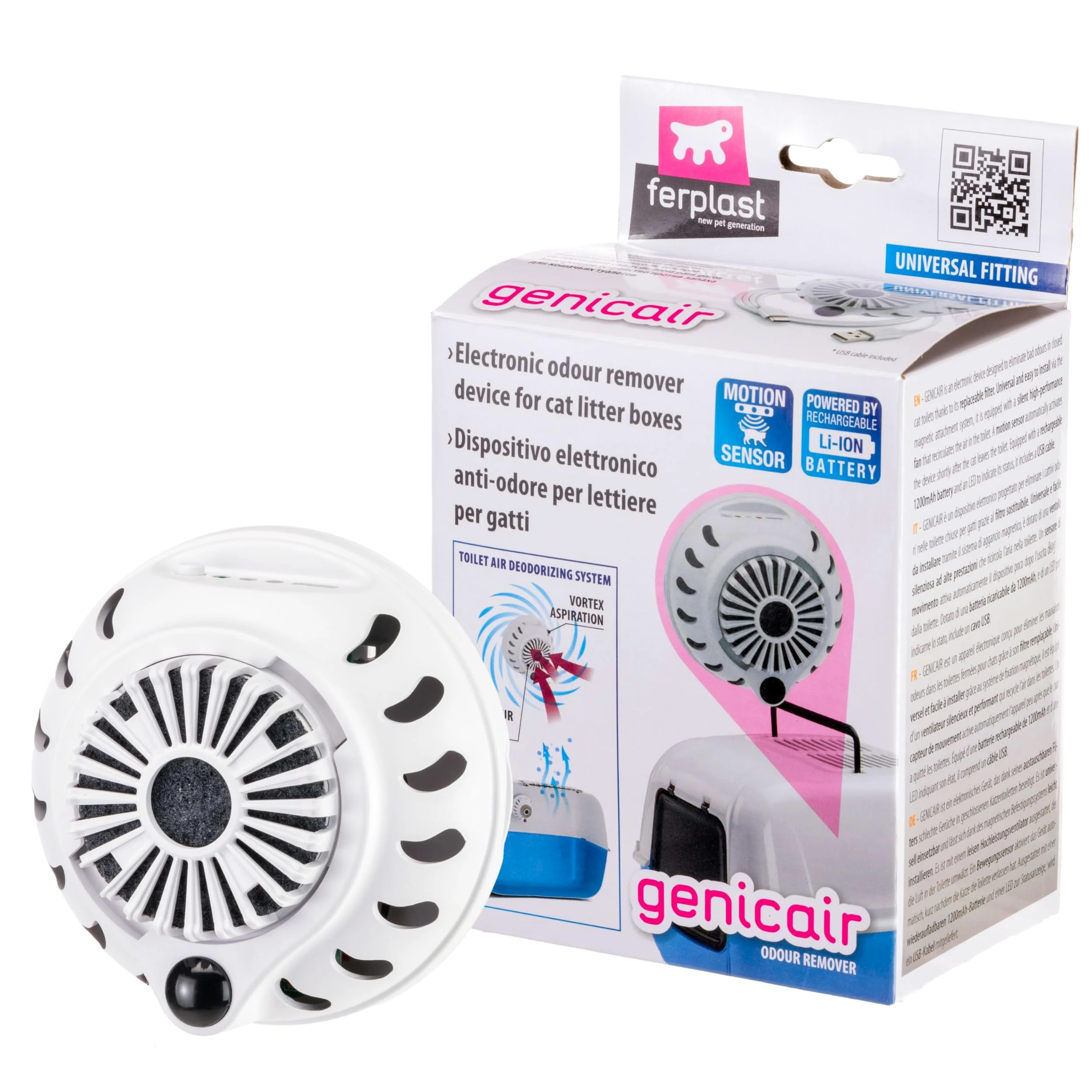 Ferplast GENICAIR Eliminador de Olores Electrónico Arenero Cerrado Gato, Neutraliza Permanentemente los Malos Olores, Fijación con Imán, Ventilador Silencioso, Cable USB y Filtro Antiolores incluidos