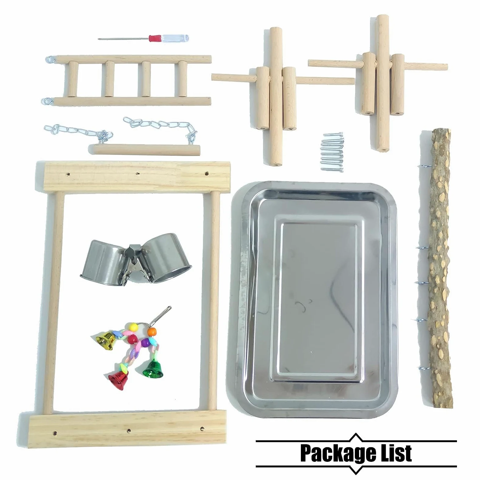 PINVNBY Parque de Juegos para pájaros, Soporte de Madera para Loros, Soporte de Madera para Ejercicio, para Gimnasio, Escalera con Tazas de comedero, Juguetes Colgantes para periquitos, Conure