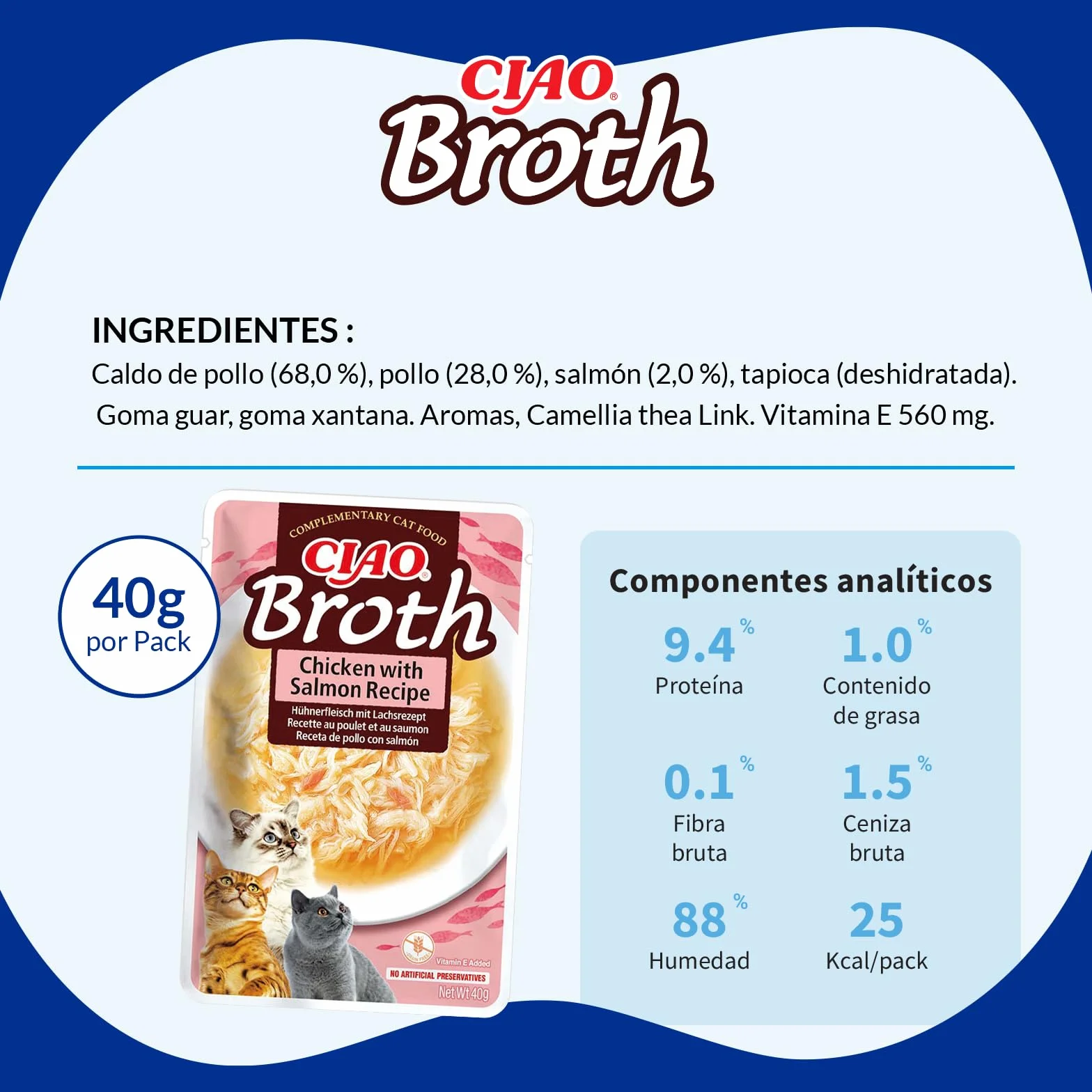 INABA Churu Broth - Caldo para Gatos - Snacks Receta Pollo y Salmón - Premios con Proteínas Animales - Sin Cereales, Conservantes, Colorantes - Sólo 16Cal - 40g
