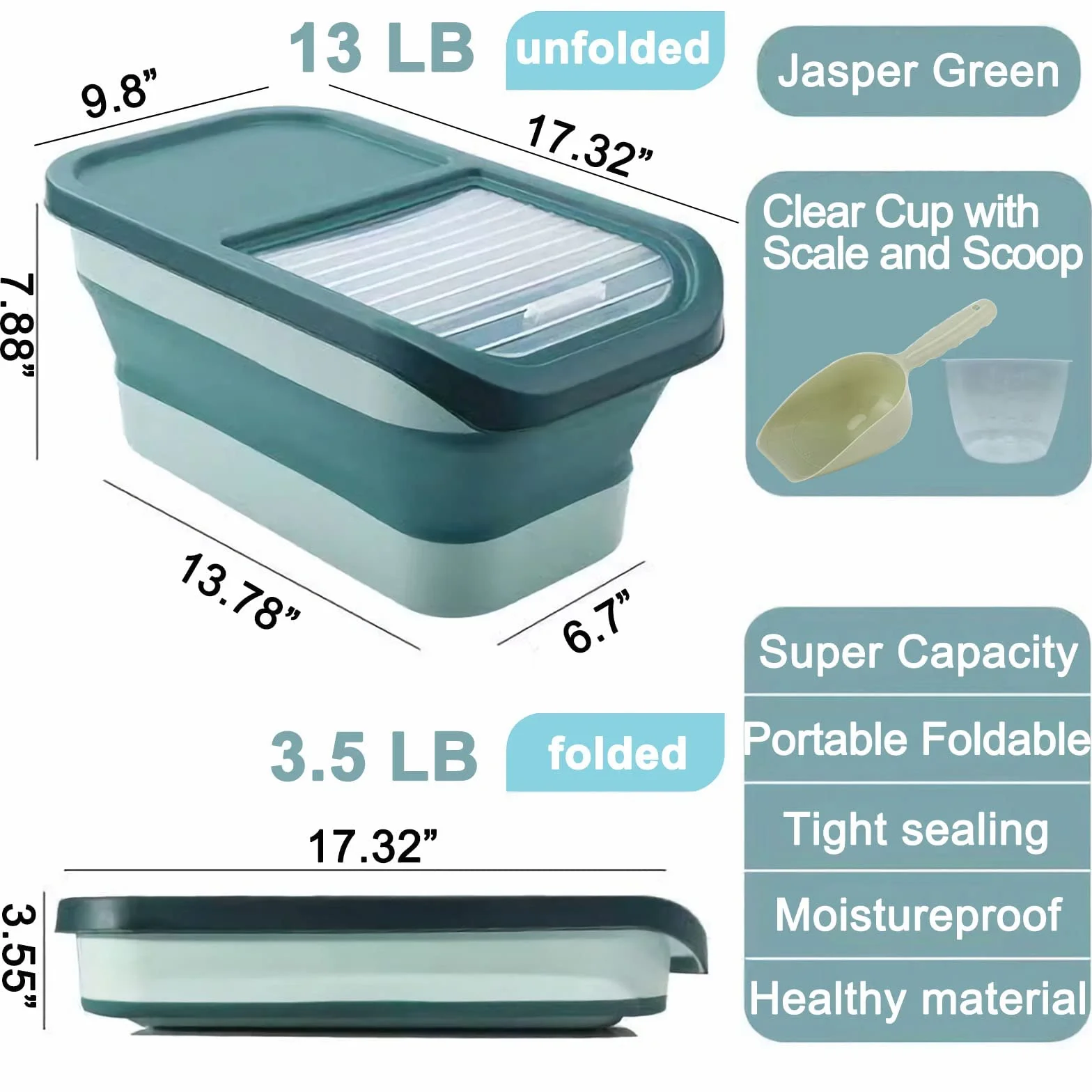 Contenedor Pienso Perro Gato Plegable Cubo Caja Almacenamiento Comida con Pala y Taza Medidora (Verde)