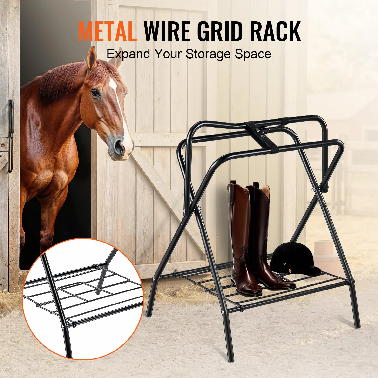 VEVOR Soporte Plegable para Sillín de Caballo de 71 x 48 x 95 cm, Soporte Independiente para Mantas de Caballo Carga de 60 kg, Soporte de Acero Resistente para Sillín Inglés y Occidental, Negro