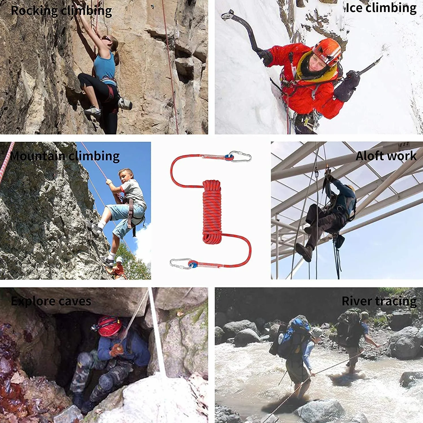 Cuerda de Escalada 10mm 10M Servicio Pesado con 2 Mosquetones Rojo
