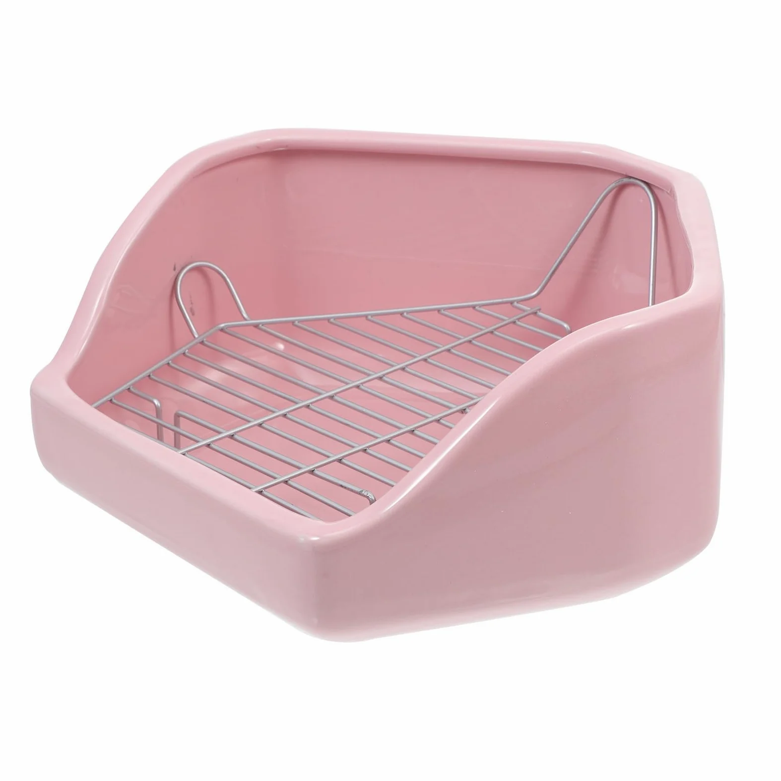 Orinal para Mascotas Pequeñas de Cerámica Rosa, Diseño Pentagonal Rejilla Desmontable, Prevención de Fugas y Estabilidad Mejorada Adecuado para Conejos y Cobayas