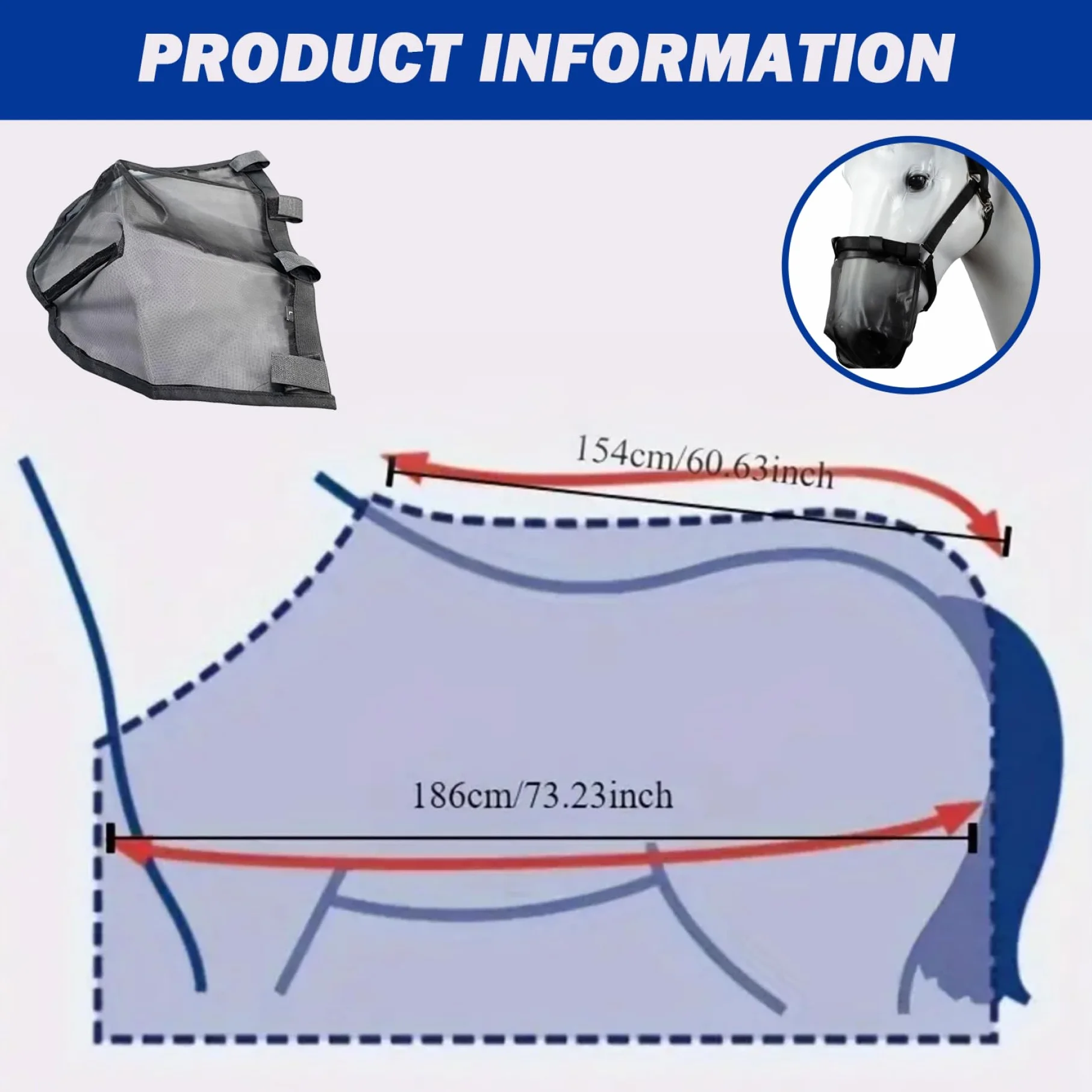 Sábana antimoscas de Malla Ajustable con Cubierta para la Nariz Protección Transpirable contra Insectos de Verano para pastos y mosquiteras para Caballos, Negro, 187 cm/73, 62 Pulgadas, Sábana para