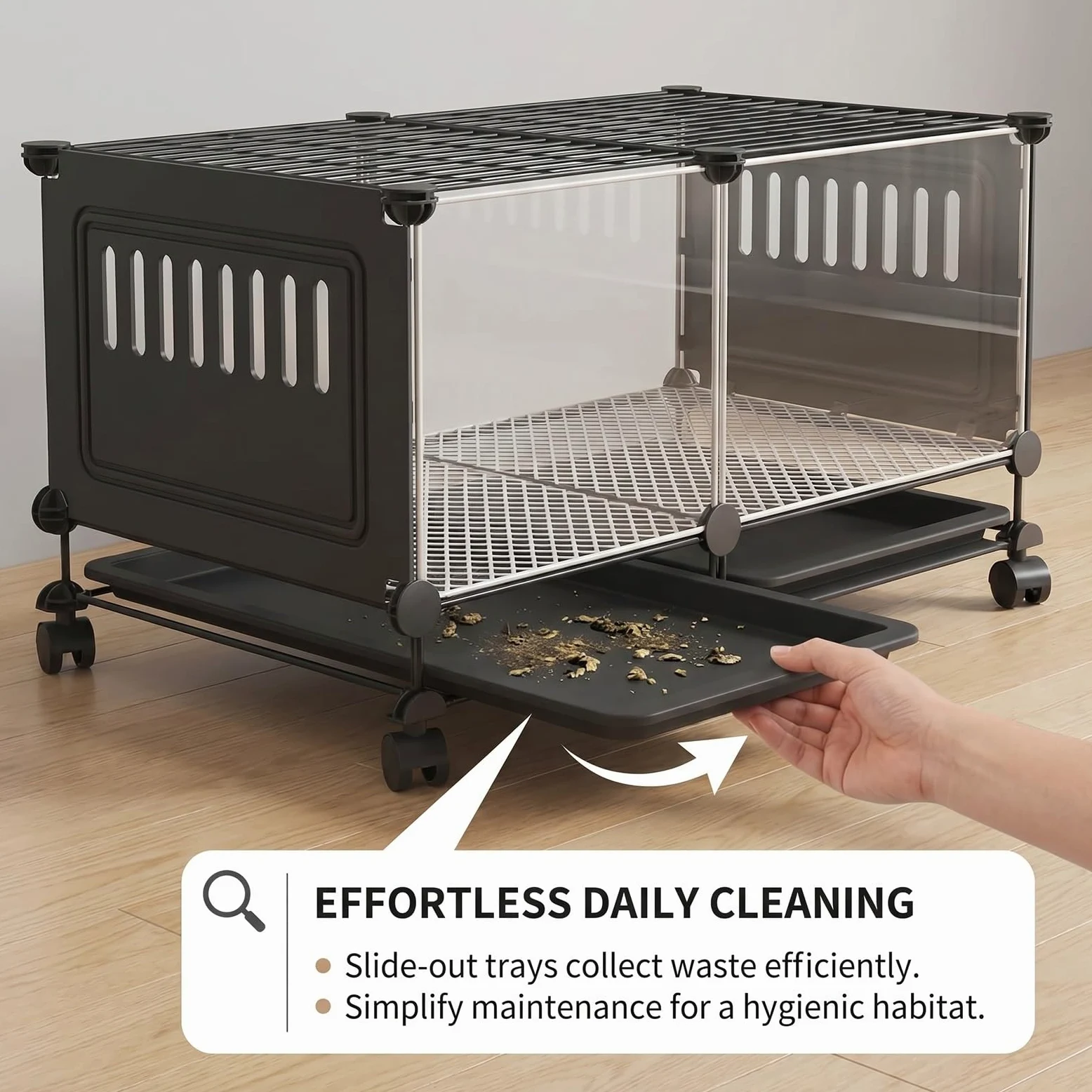 Jaula Grande para Animales pequeños, gallinero Transparente HD para Conejos y gallinas con Ruedas, Bandeja extraíble, Almohadillas Antideslizantes, Caja de cría para gallinas(Black,S)