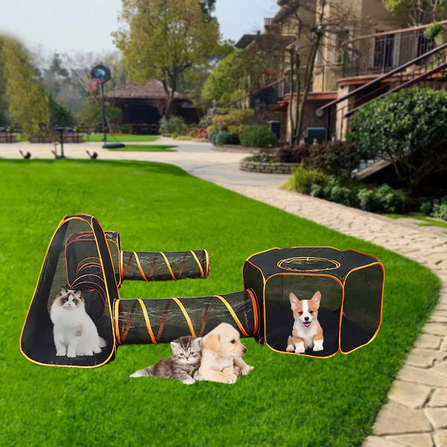 Túnel para Gatos 6 en 1, Recintos para Gatos al Aire Libre, Túnel de Empalme Libre para Recintos para Mascotas Plegables para Interiores y Exteriores, para Cachorros, Gatitos, Conejos, Cobayas