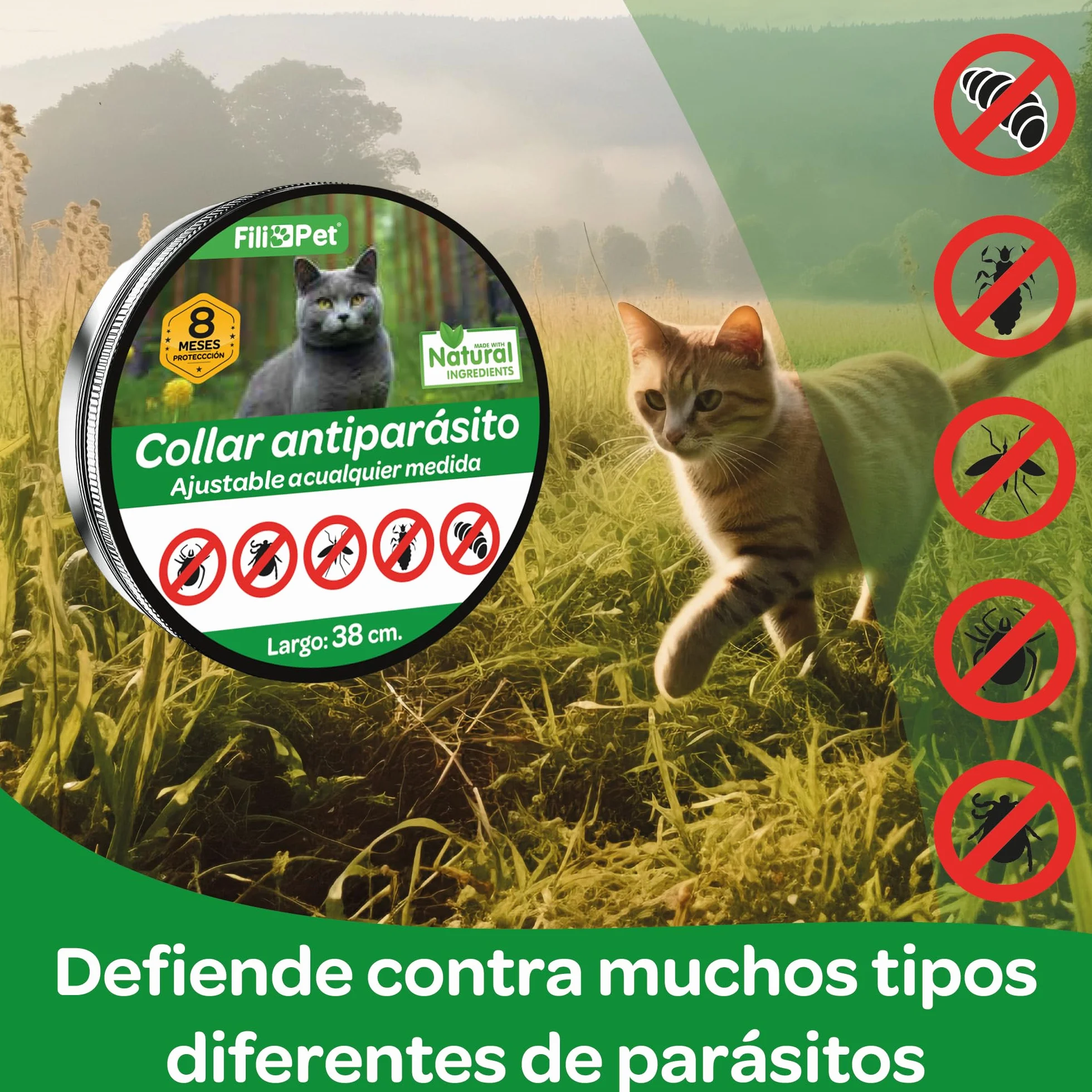 Collar Antiparasitario para Gato en, 8 Meses de Protección, Eficaz contra Pulgas, Garrapatas, Mosquitos y Piojos, Resistente al Agua, 38 cm de Largo, Ajustable (Amarillo)