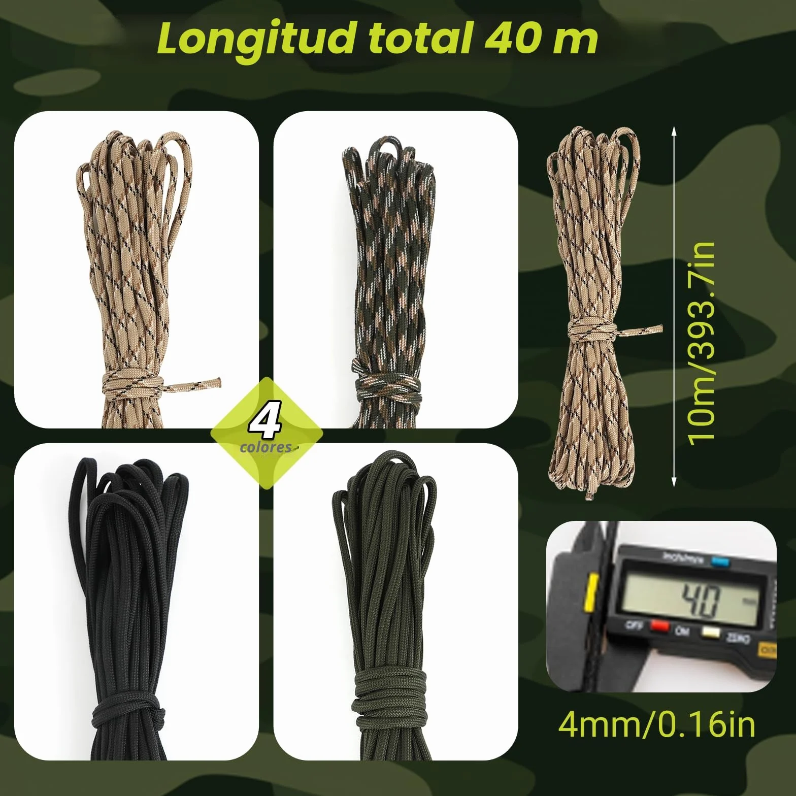 Cuerdas Paracord 10 m 4 mm 7 Hilos Nylon 100% Carga 250 kg Camping Escalada Pulseras