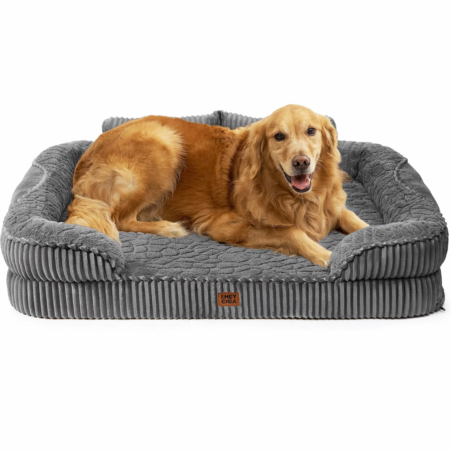 EHEYCIGA Cama Perro Ortopédica Grande 106x76 cm, Sofá Cama con Respaldo Alto, Colchón Perro Viscoelastica Impermeable, Funda Lavable, Gris