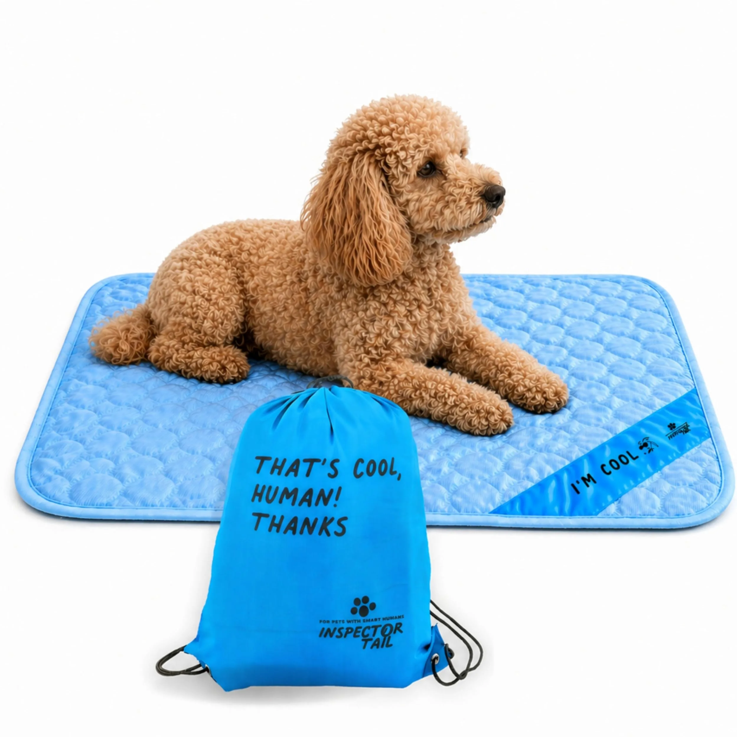 Inspector Tail Alfombrilla de Viaje y refrigeración automática + Bolsa de Cuerda, Lavable y portátil, Almohadilla Suave para Mascotas para Interiores o Exteriores Perros y Gatos para