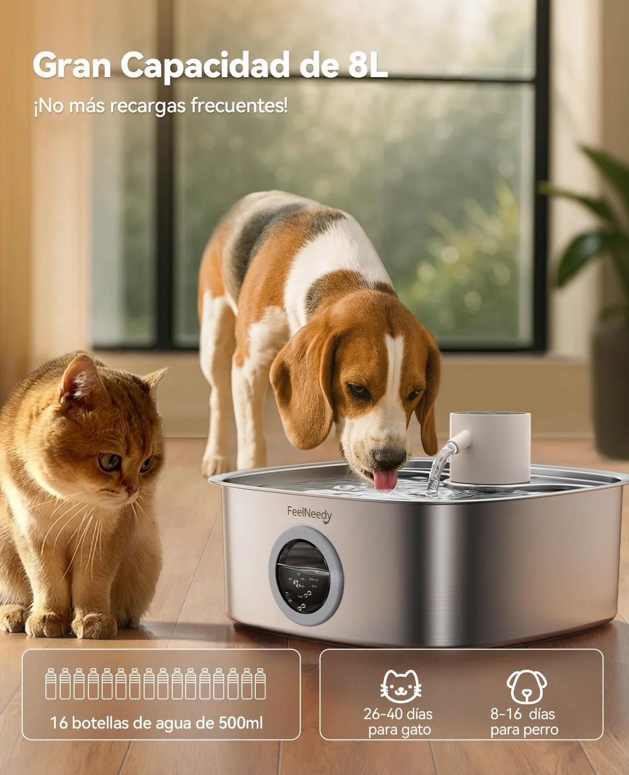 FEELNEEDY 8L Fuente para Gatos sin Cable, Bebedero Gatos Perros de Acero Inoxidable con 3 Filtros, 5000mAh Batería Recargable, Apta para Lavavajillas, Sensor de Radar Mejorado