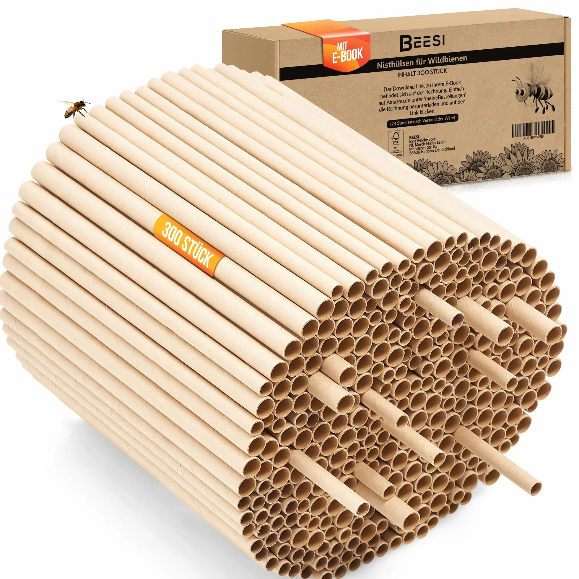 BEESI 300 casquillos de nido para hotel de insectos de 15 cm de largo, 6 y 8 mm de diámetro, mezclados, incluye libro electrónico de nido y tubos de cartón para abejas silvestres..