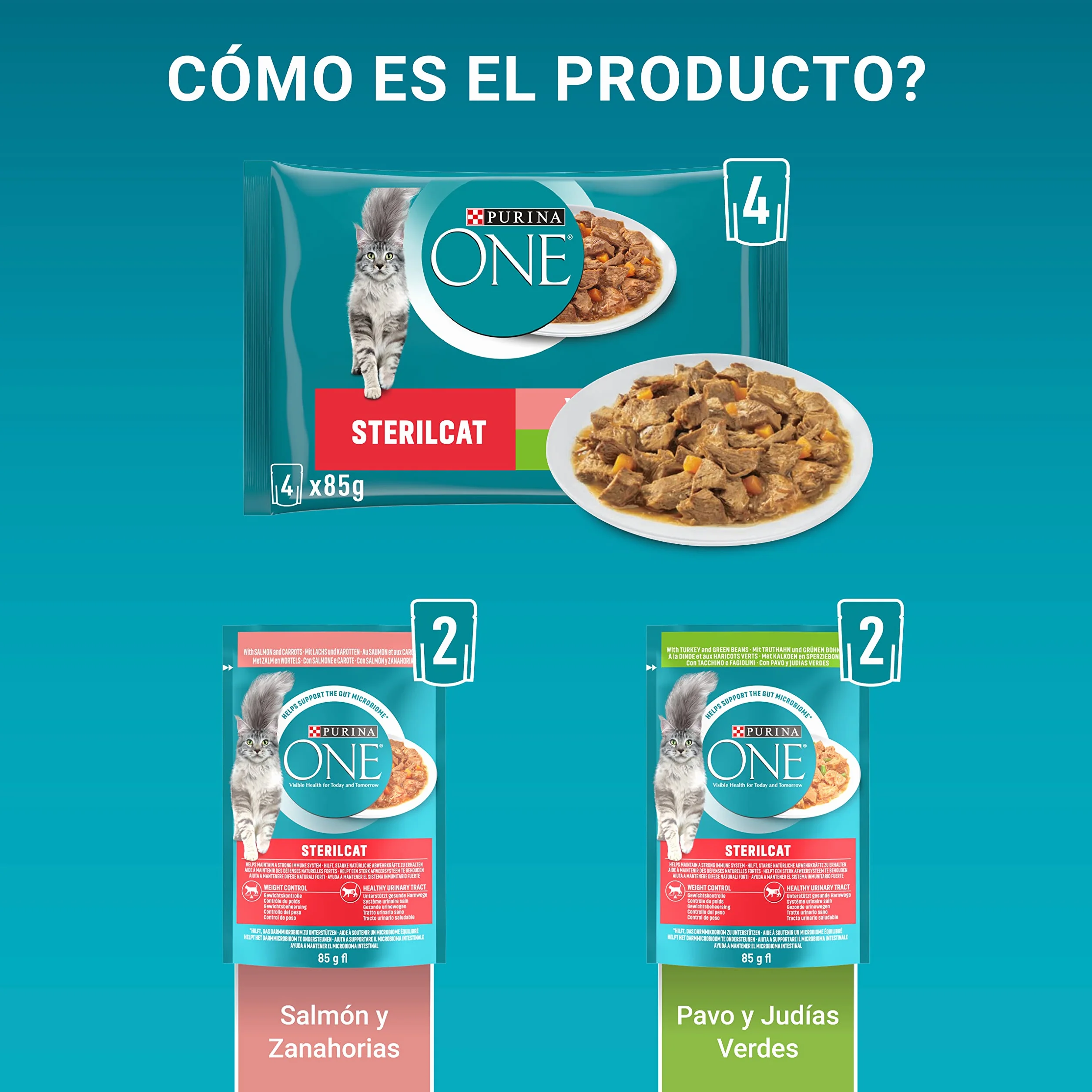 PURINA ONE Sterilcat, Comida Húmeda para Gato Esterilizado Adulto, Trocitos en Salsa, Surtido de Salmón y Pavo, 12 Packs de 4 Sobres de 85 g. (48 sobres)