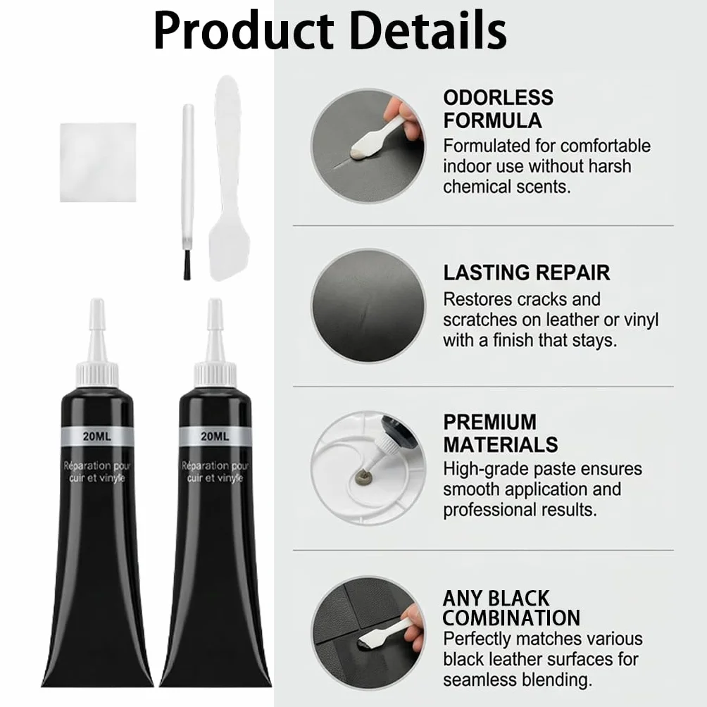Cuero Liquido Reparador Negro Kit Reparador de Cuero para Asientos de Coche, Sofás, Zapatos y Chaquetas, Tinte Reparador Cuero Sintético y Vinilo
