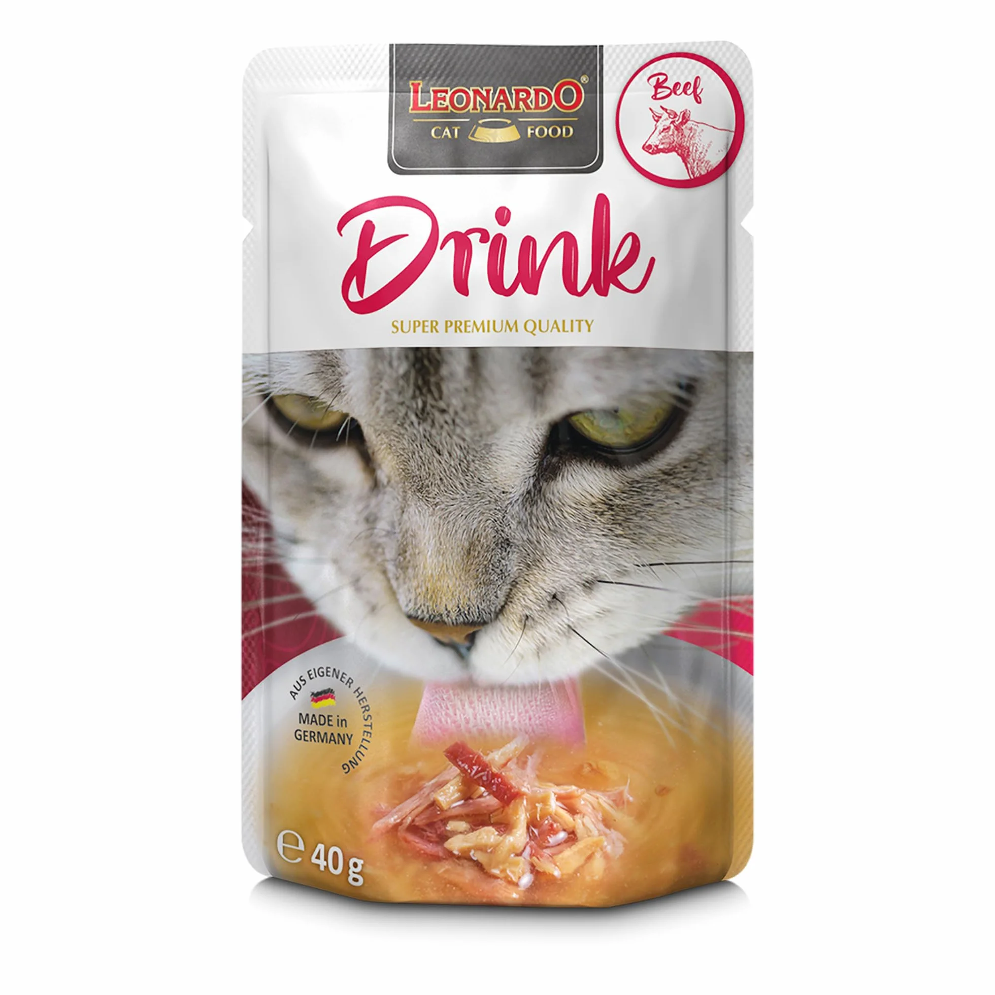 LEONARDO Drink Beef [20x40g Paquete múltiple Drink con Ternera] Bebida para Gato | Caldo de Carne con Tiras | Alimento complementario para Gatos
