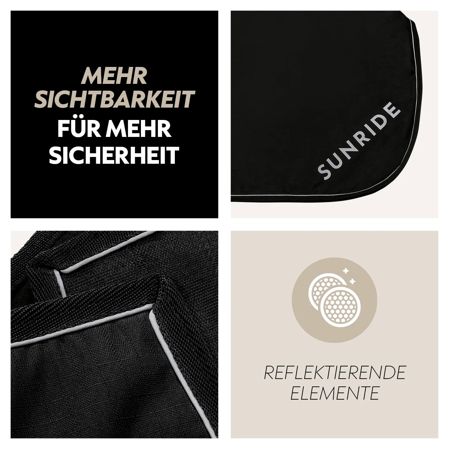 SUNRIDE Manta de Ejercicio/línea de Plomo Impermeable al Viento y al Agua Derby - Rayas Reflectantes - Piel en el Interior - protección Adicional contra la Lluvia para la Silla (Negro, 115 cm)