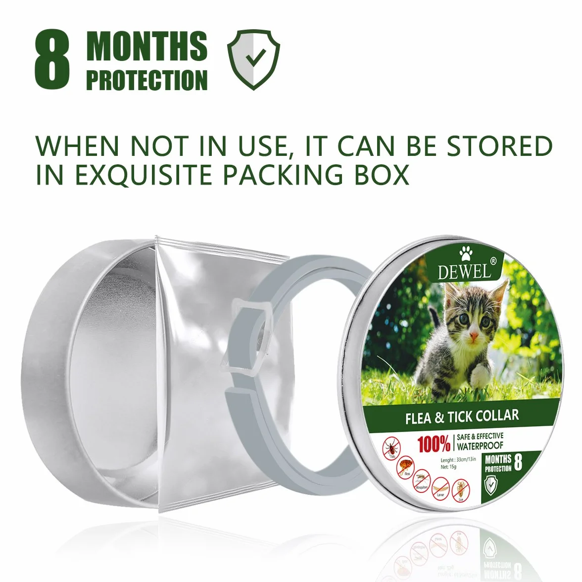 DEWEL Collar Gato contra Pulgas, Garrapatas y Mosquitos, Collar Antipulgas y Garrapatas 33 cm para Gatos y Perros Pequeños y Medianos, 8 Meses de Protección