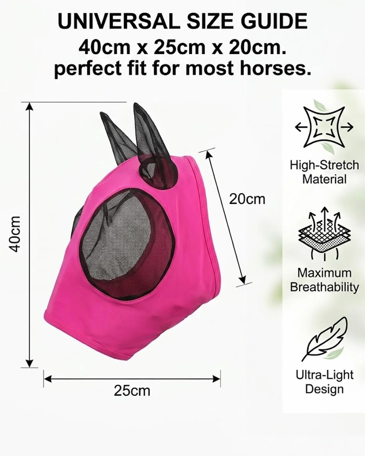 Máscara Anti-Moscas para Caballos Rosa Fucsia Protección UV con Orejeras Elásticas Transpirable