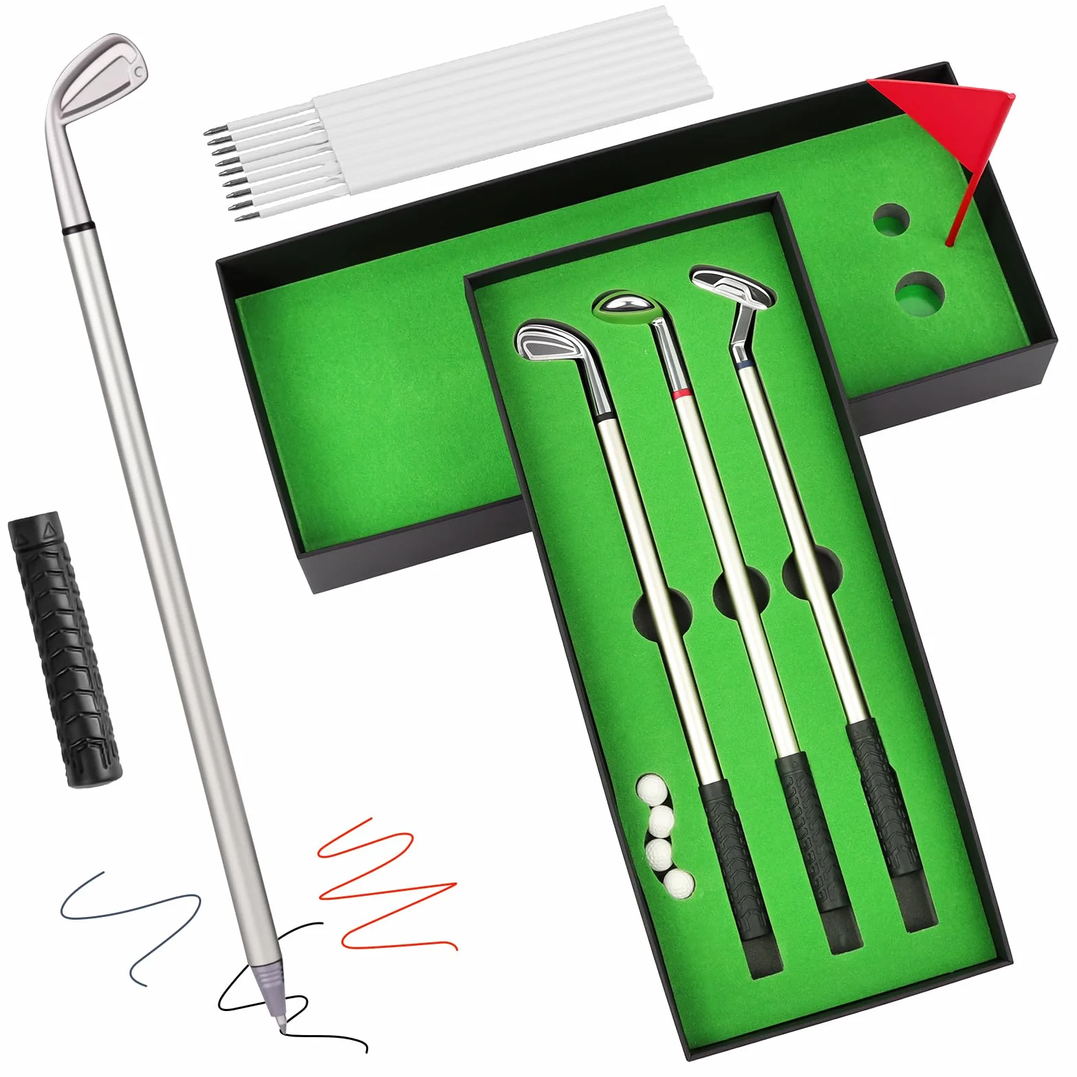 Golf Pen Set with Flag, Mini Golf Club Pen, 3 Pen Holders, 4 Balls, 9 Refills