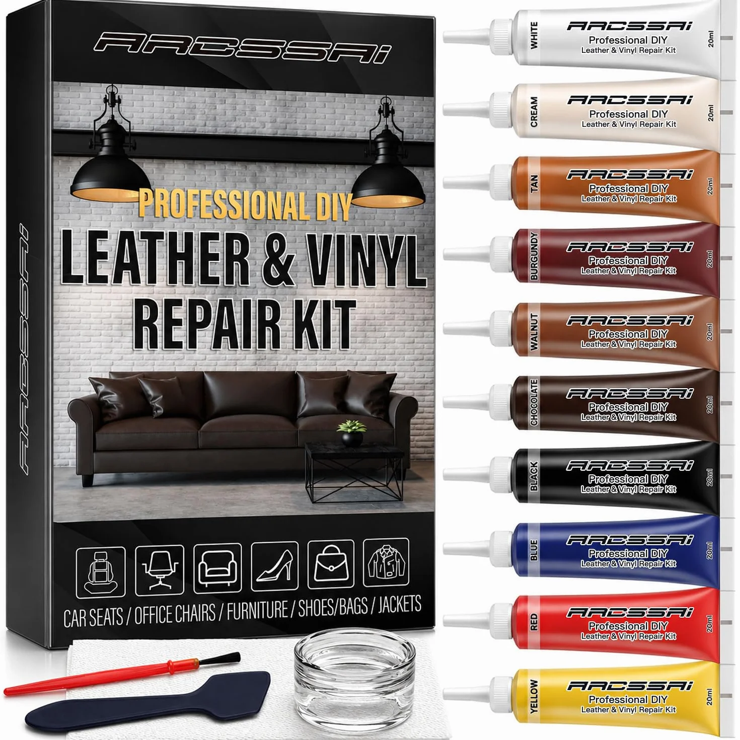 ARCSSAI ARCSSAL Kit de reparación de Cuero para Muebles, sofá, Chaqueta, Asientos de Coche y Bolso. Instrucciones Muy fáciles para Combinar con Cualquier Color, Restaurar Cualquier Material, Unido