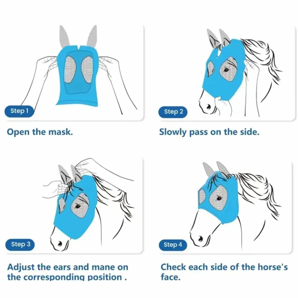 Máscara contra Moscas para Caballos con Orejas Protección UV Azul