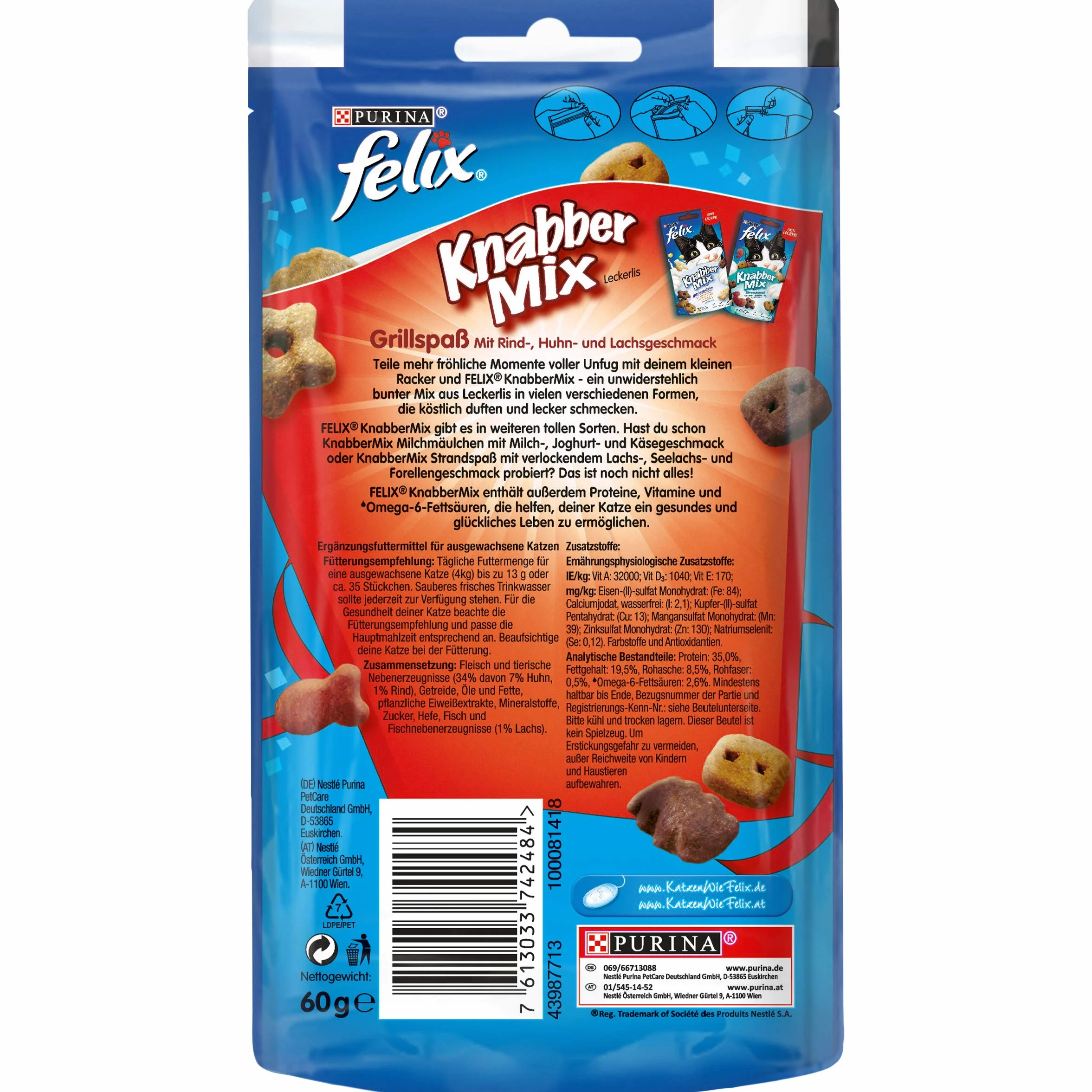 Felix Golosinas para Gatos Knabber Mix, Pack de 8 (8 Paquetes de 60 g)