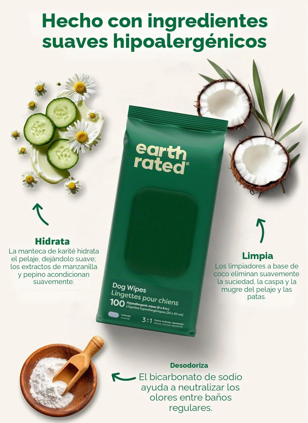Earth Rated Toallitas hipoalergénicas para Perros, para Limpiar y Eliminar olores de Patas, Cuerpo y Trasero, Cachorros y Perros Adultos, Aroma a Lavanda, 100 Unidades