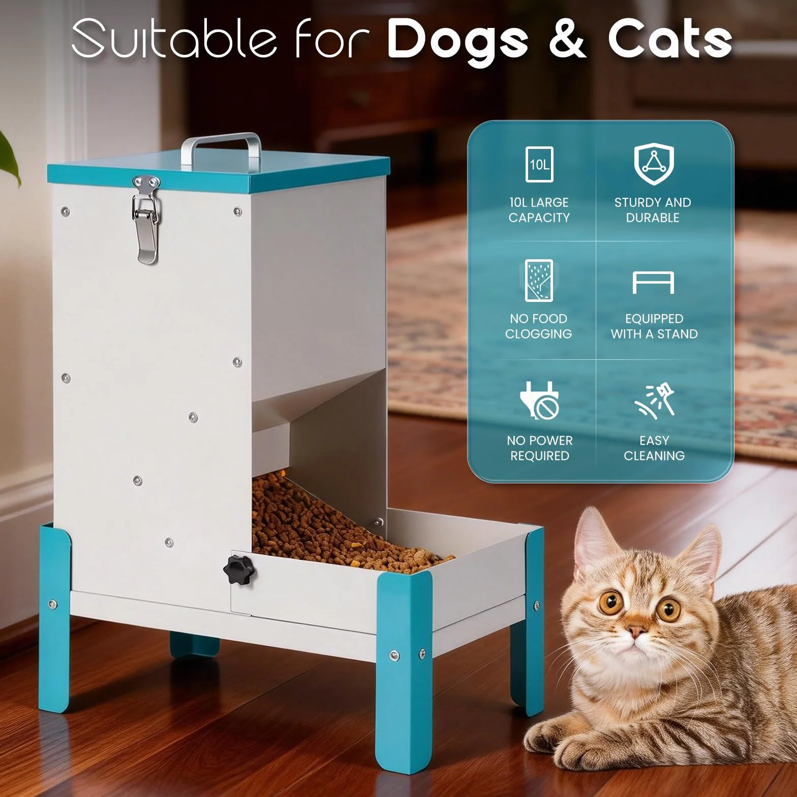 comedero automático para perros de gato, máquina automática de alimentación de mascotas de acero inoxidable para perros y gatos, alimentador de metal por gravedad con tapa y soporte para