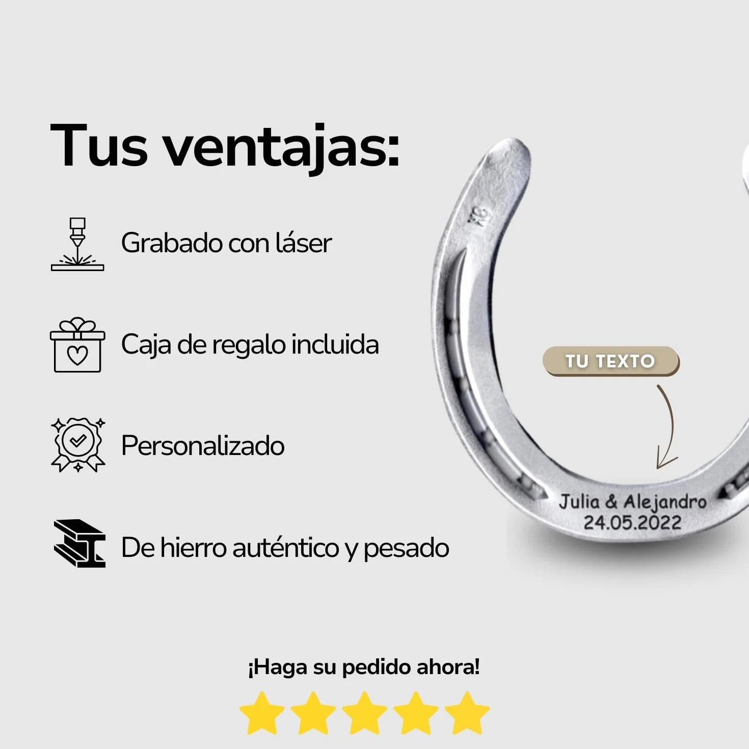 Dttra Herradura con grabado personalizado de hierro pesado, herradura original de caballo, lacada en plata, herradura de la suerte personalizada para boda o regalo de inauguración