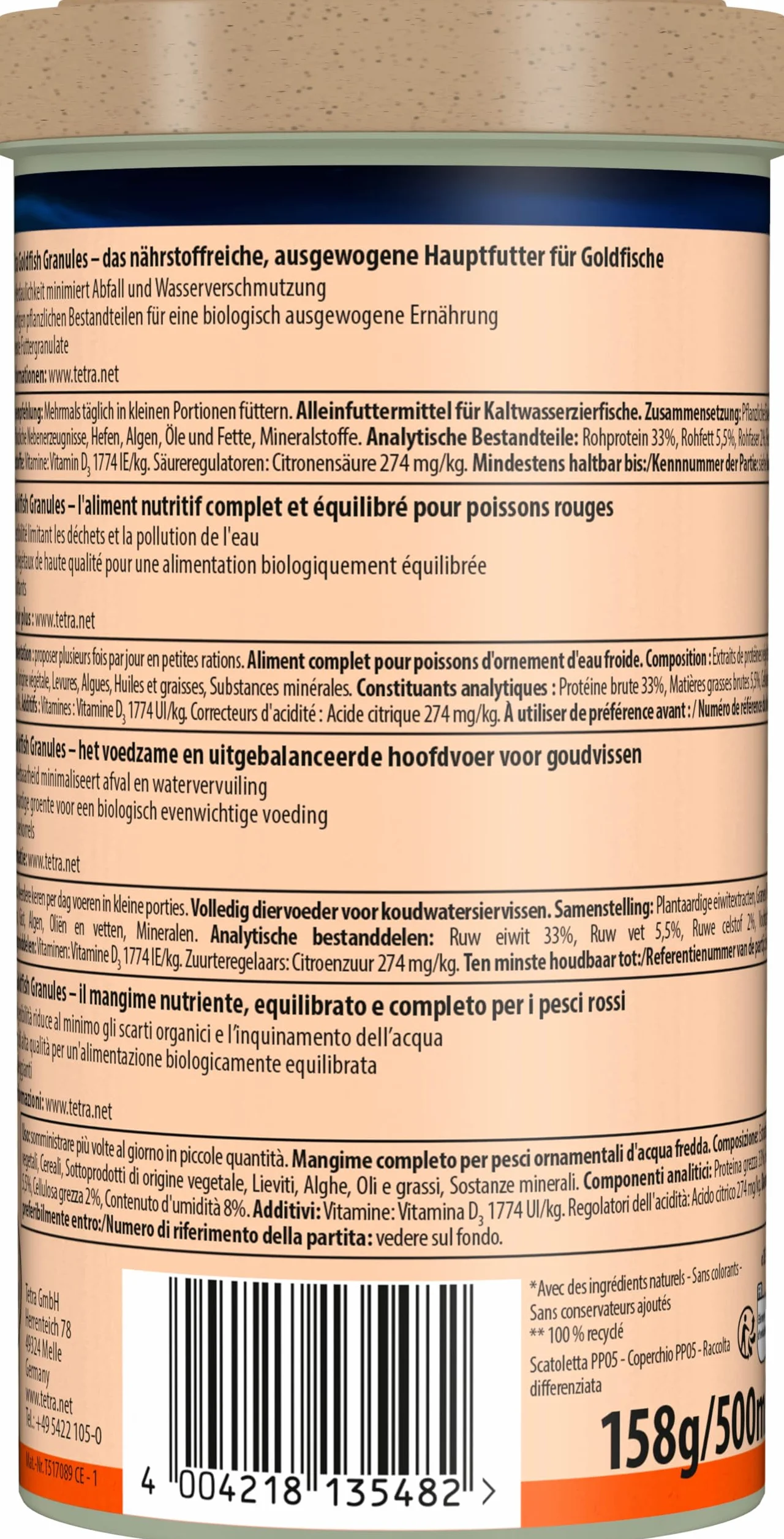 Tetra Goldfish Granules - Alimento granulado para carpines dorados y otros peces de agua fría, lata 500 ml