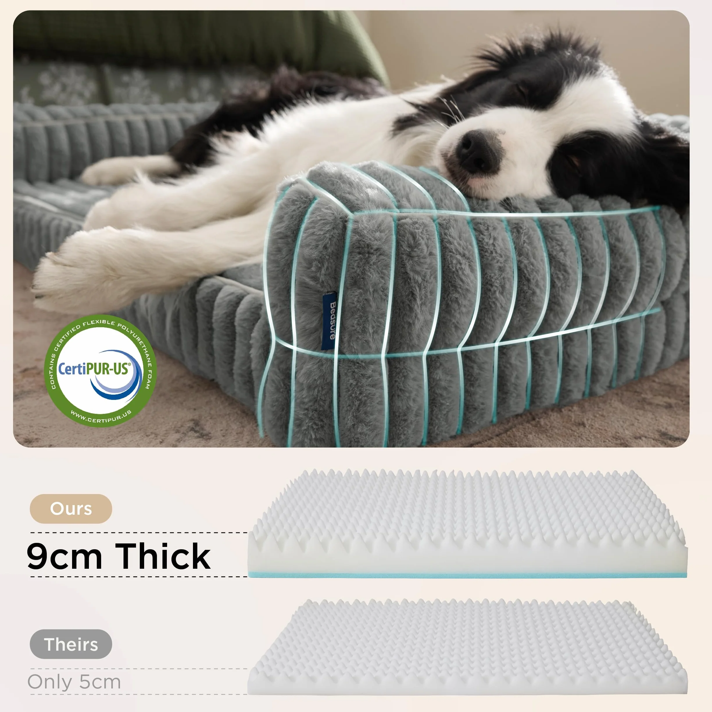 Bedsure Cama Perro Ortopédica Grande - 89x64x18cm Camas para Perros Tipo Sofá con Espuma Viscoelástica y Bordes, Impermeable, Base Antideslizante, Funda de Pana Extraíble y Lavable, Gris