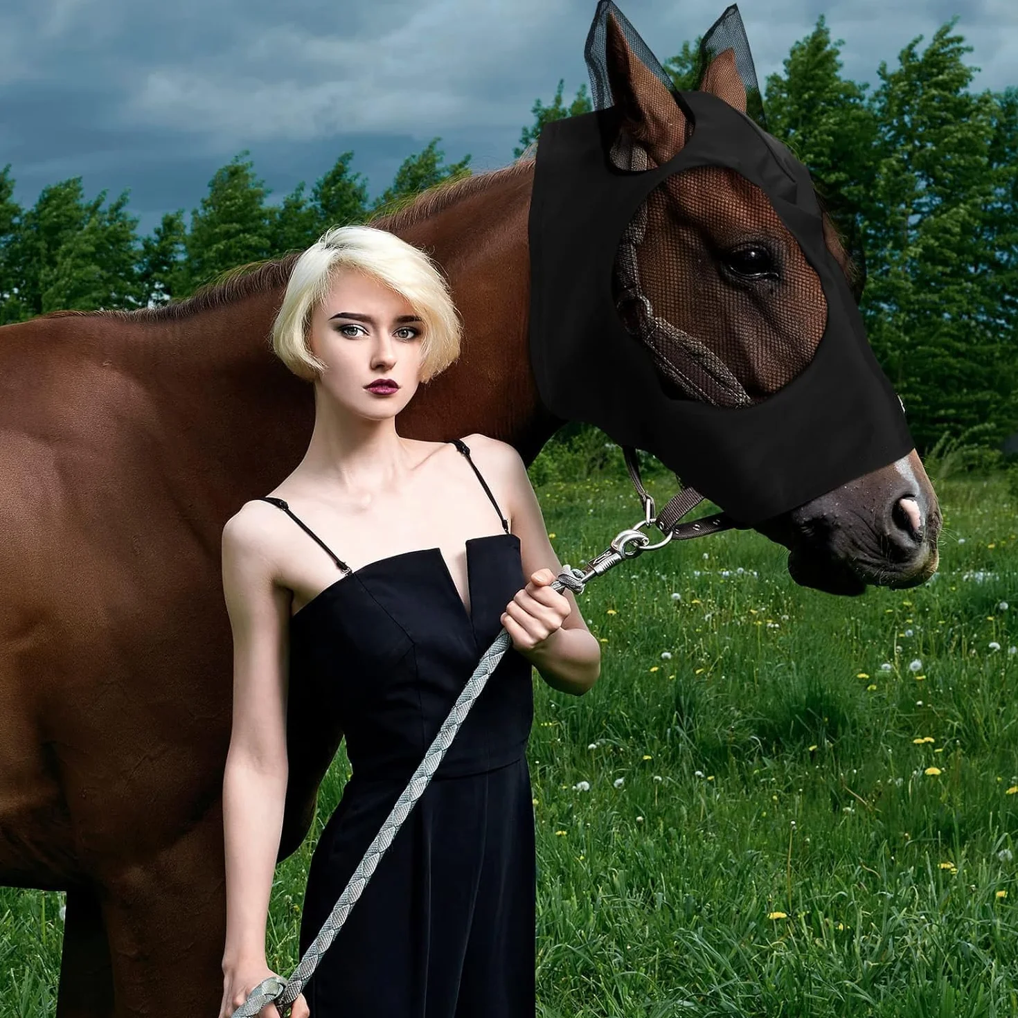 Máscara Anti-Moscas Protección con Orejas, Elasticidad Máscara de Mosca, Máscara Anti Moscas para Caballo, Excelente Comodidad con Protección UV, Máscara Estándar para Caballos