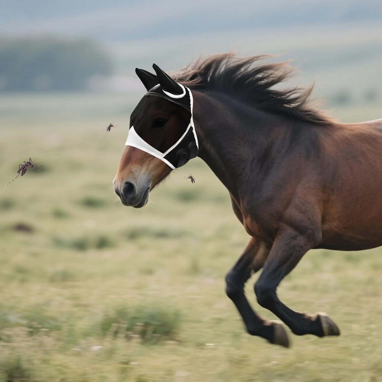 Máscara antimoscas para caballos transpirable malla fina ajustable protección orejas antiUV negro L