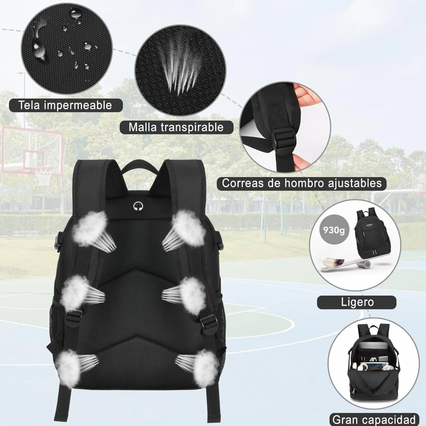 Mochila Baloncesto Impermeable Grande con Compartimento para Balón y Zapatillas