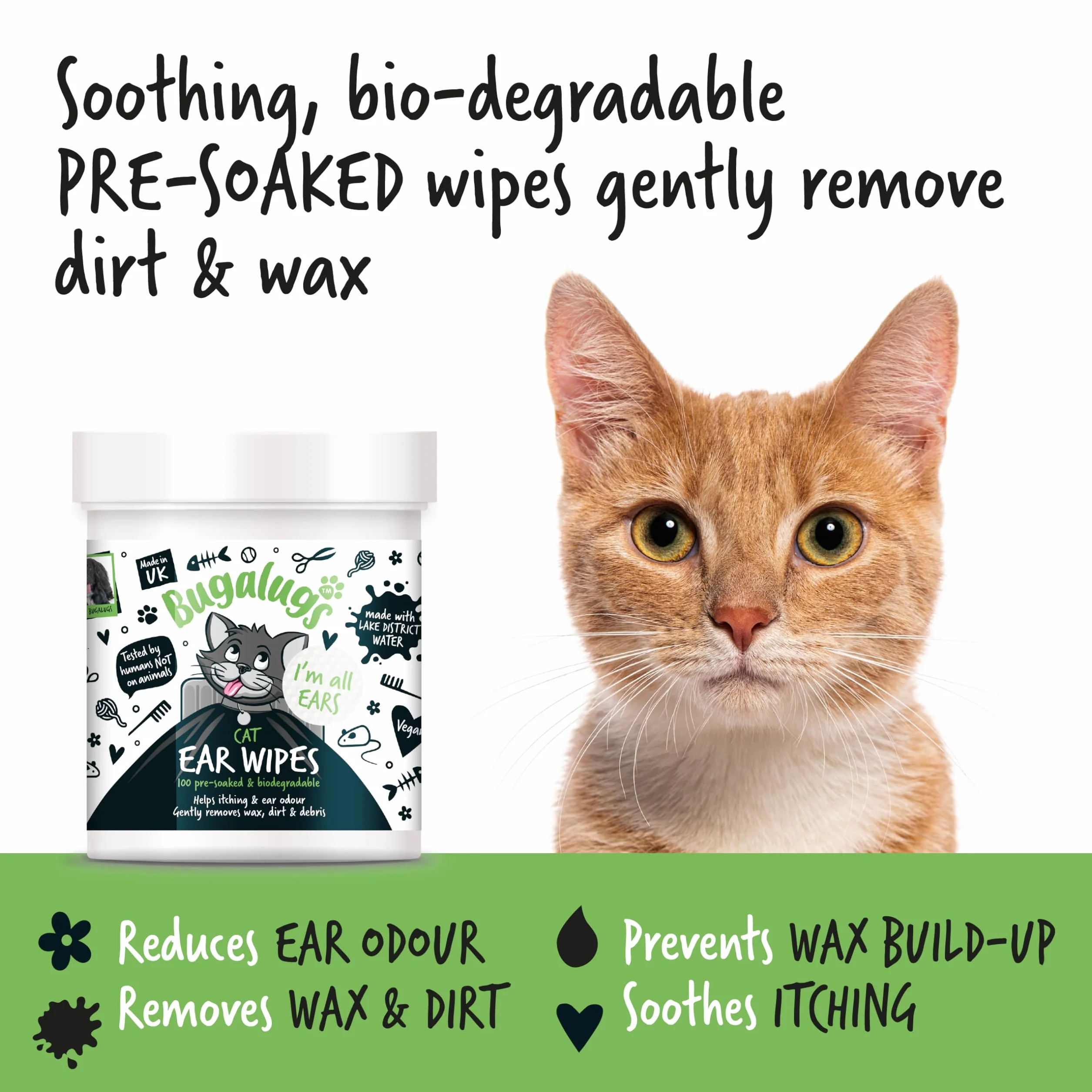 BUGALUGS - Toallitas Calmantes para Limpieza de Oídos de Gatos - 100 Unidades - Aloe Vera & Hamamelis - Control de Cera - Higiene Auricular - Alivio de Picor - Uso Diario - Fórmula Natural y Suave